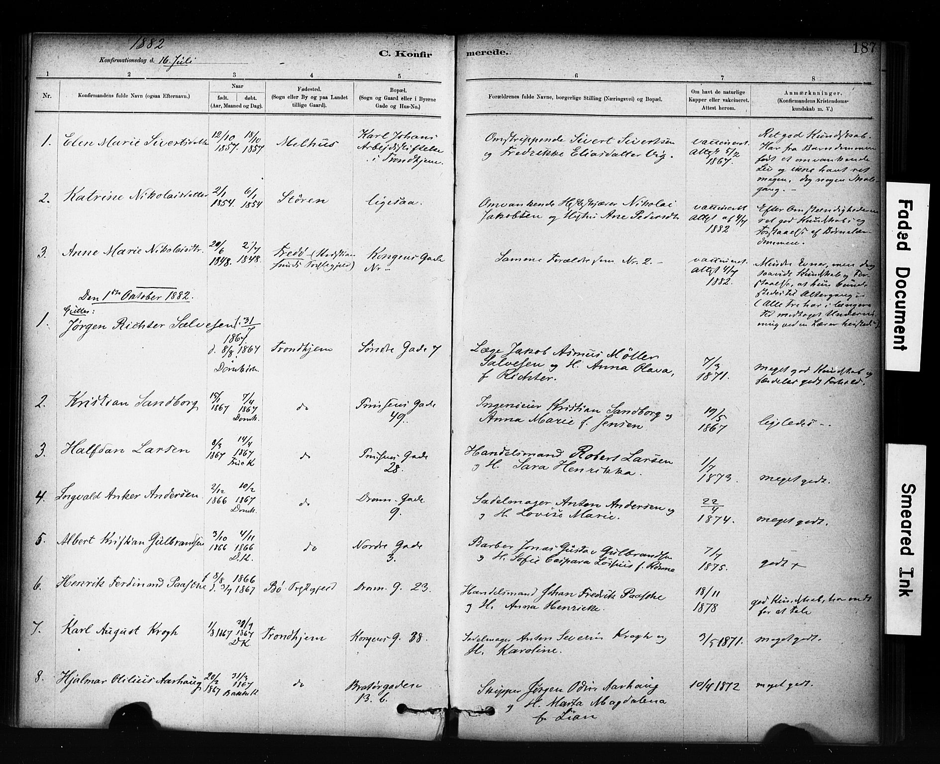 Ministerialprotokoller, klokkerbøker og fødselsregistre - Sør-Trøndelag, SAT/A-1456/601/L0071: Residerende kapellans bok nr. 601B04, 1882-1931, s. 187
