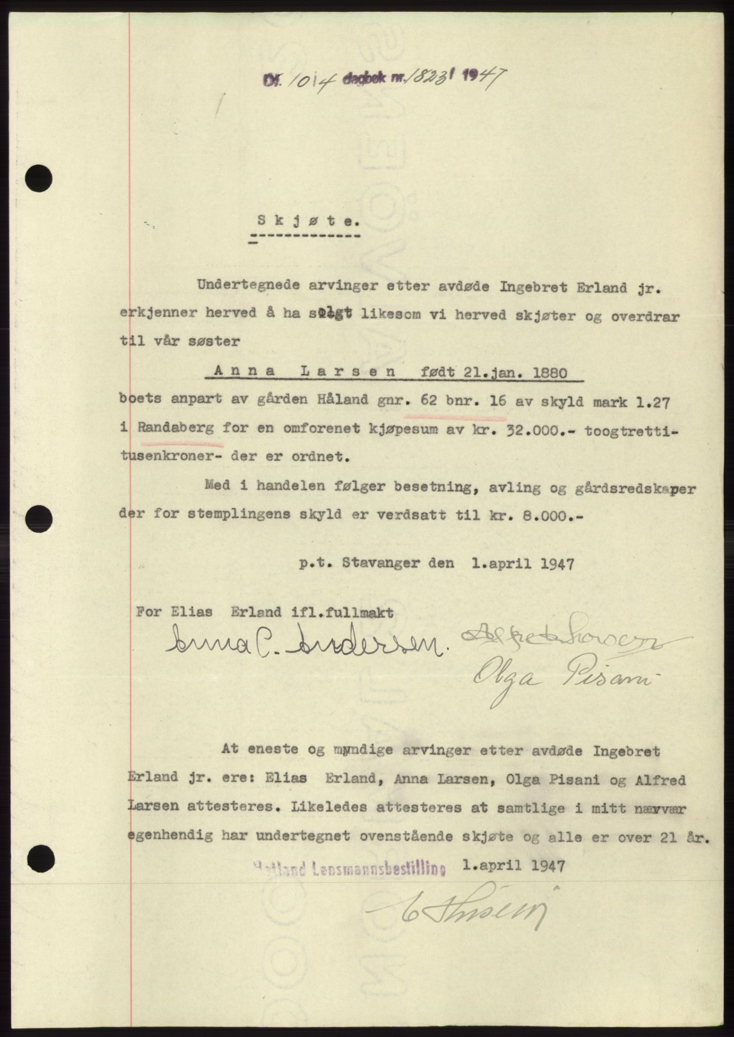 Jæren sorenskriveri, SAST/A-100310/03/G/Gba/L0094: Pantebok, 1947-1947, Dagboknr: 1823/1947