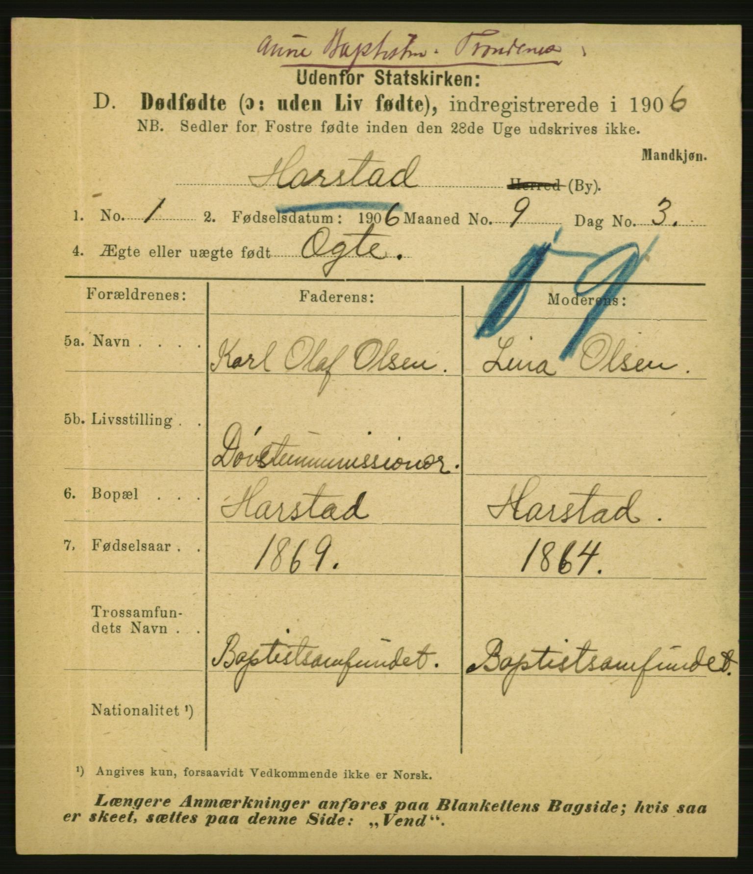 Statistisk sentralbyrå, Sosiodemografiske emner, Befolkning, AV/RA-S-2228/E/L0004: Fødte, gifte, døde dissentere., 1906, s. 3011