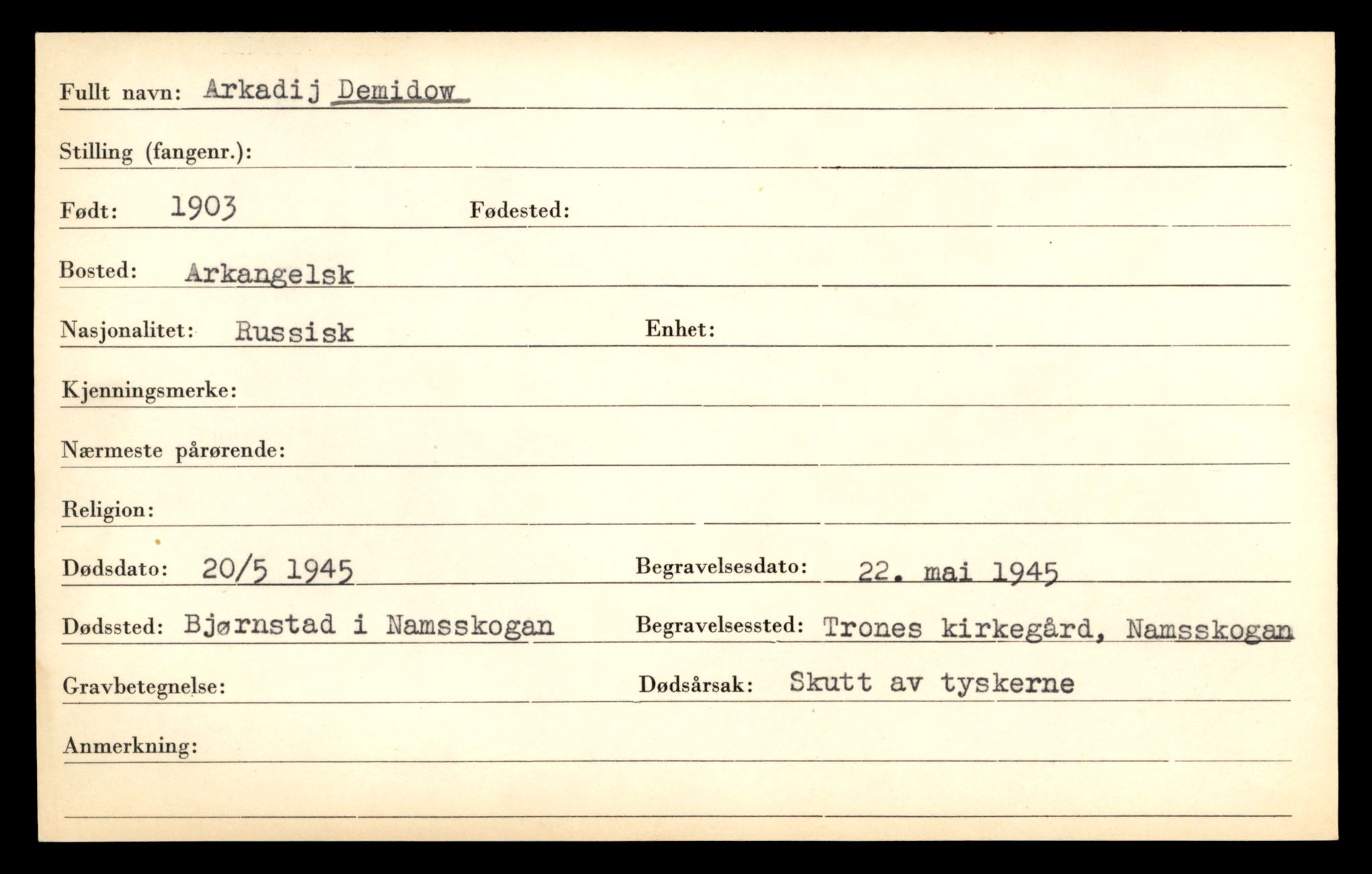 Distriktskontoret for krigsgraver, SAT/A-5030/E/L0005: Kasett/kartotek over falne Britiske og tyske solater, samt andre nasjoners krigsgraver, 1945, s. 645