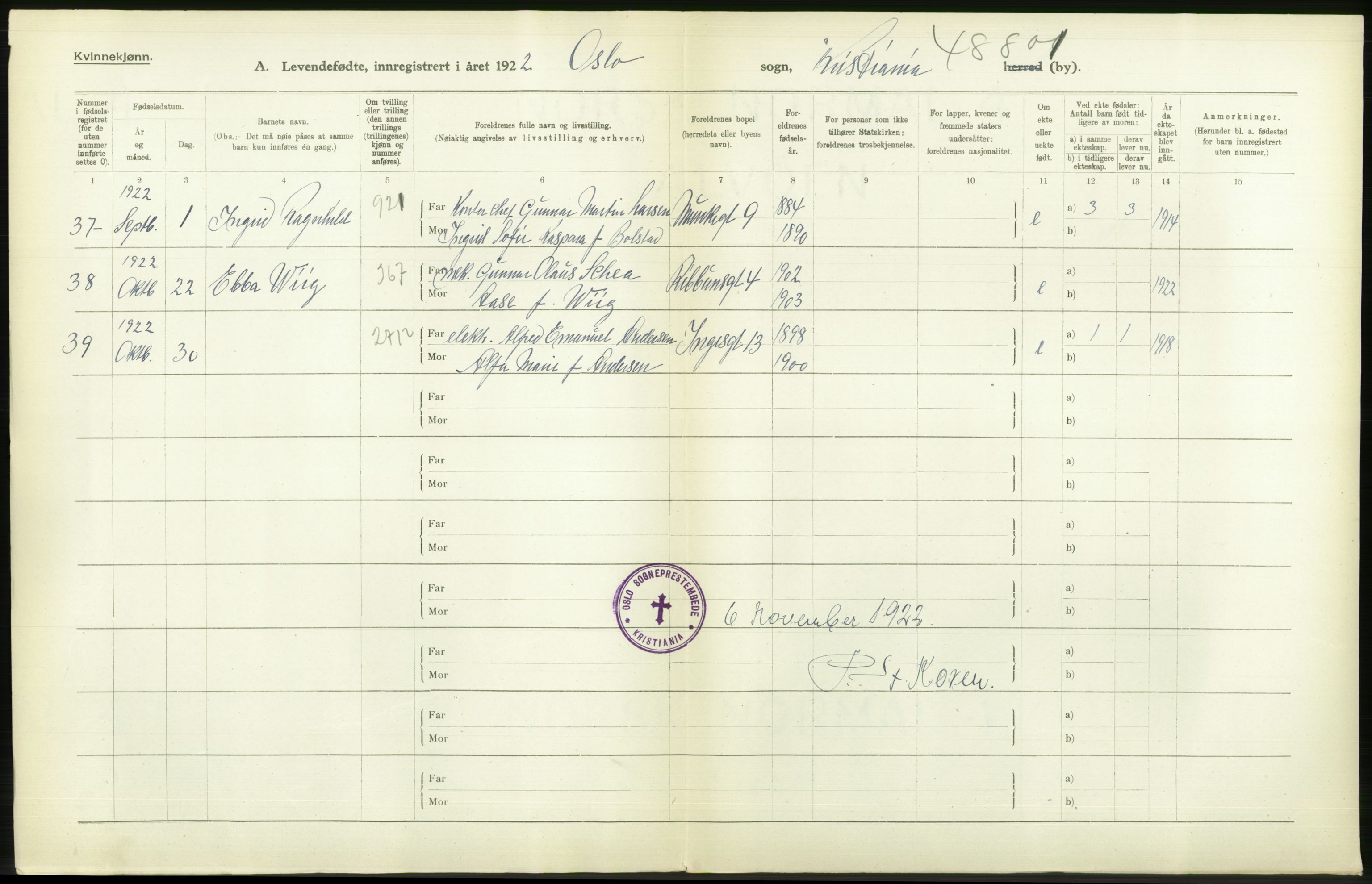 Statistisk sentralbyrå, Sosiodemografiske emner, Befolkning, AV/RA-S-2228/D/Df/Dfc/Dfcb/L0007: Kristiania: Levendefødte menn og kvinner., 1922, s. 44