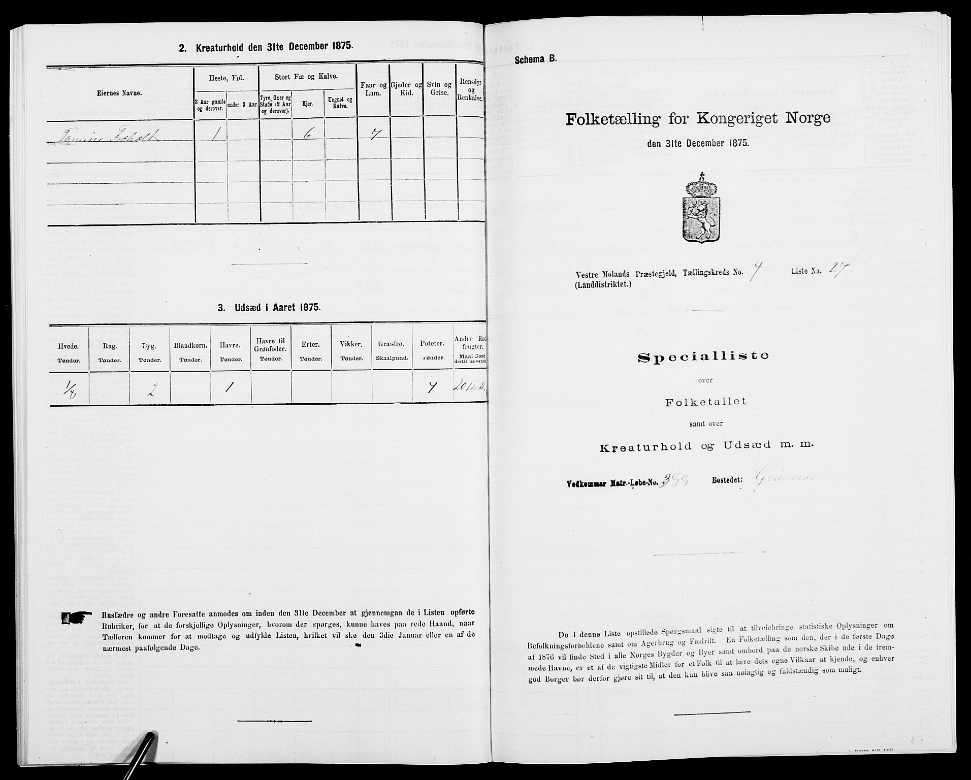 SAK, Folketelling 1875 for 0926L Vestre Moland prestegjeld, Vestre Moland sokn, 1875, s. 608