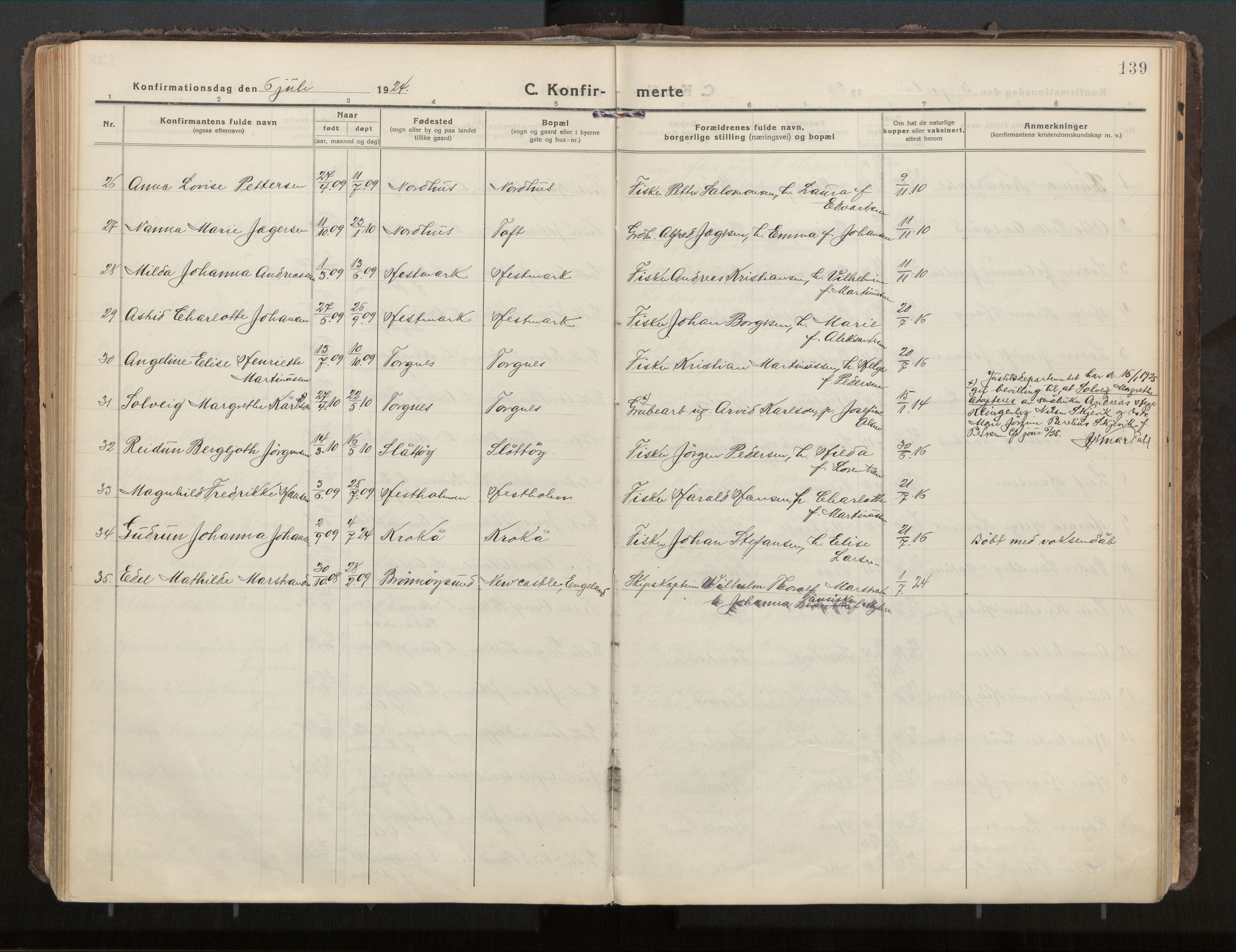 Ministerialprotokoller, klokkerbøker og fødselsregistre - Nordland, SAT/A-1459/813/L0207a: Ministerialbok nr. 813A18, 1919-1927, s. 139