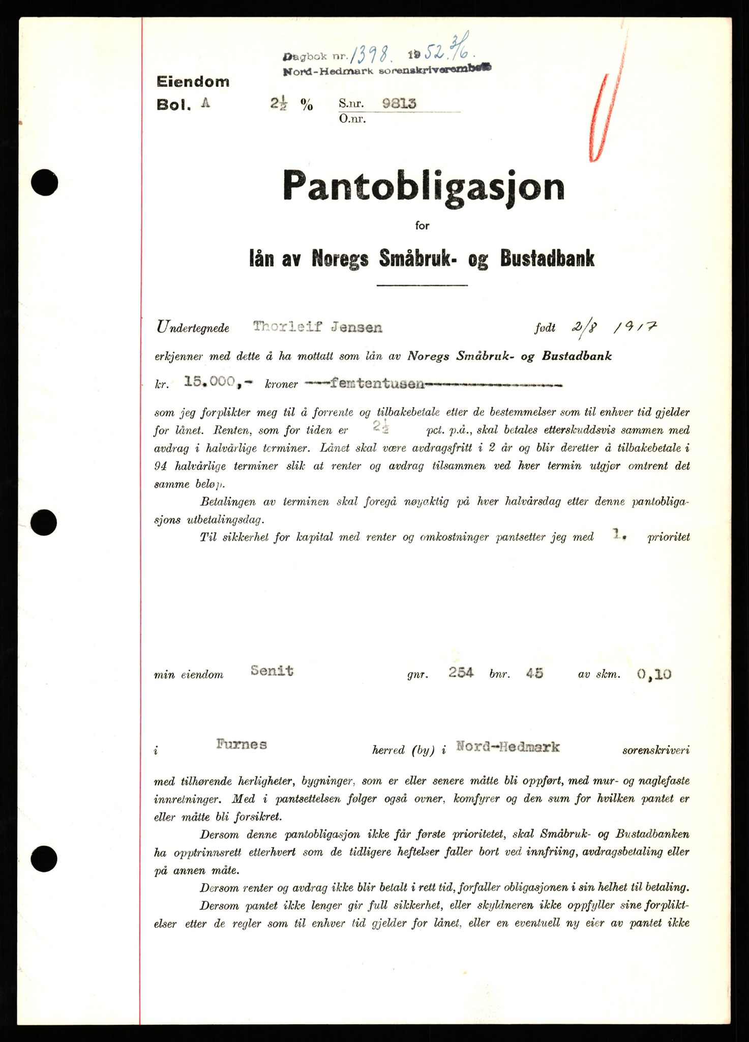 Nord-Hedmark sorenskriveri, SAH/TING-012/H/Hb/Hbf/L0025: Pantebok nr. B25, 1952-1952, Dagboknr: 1398/1952