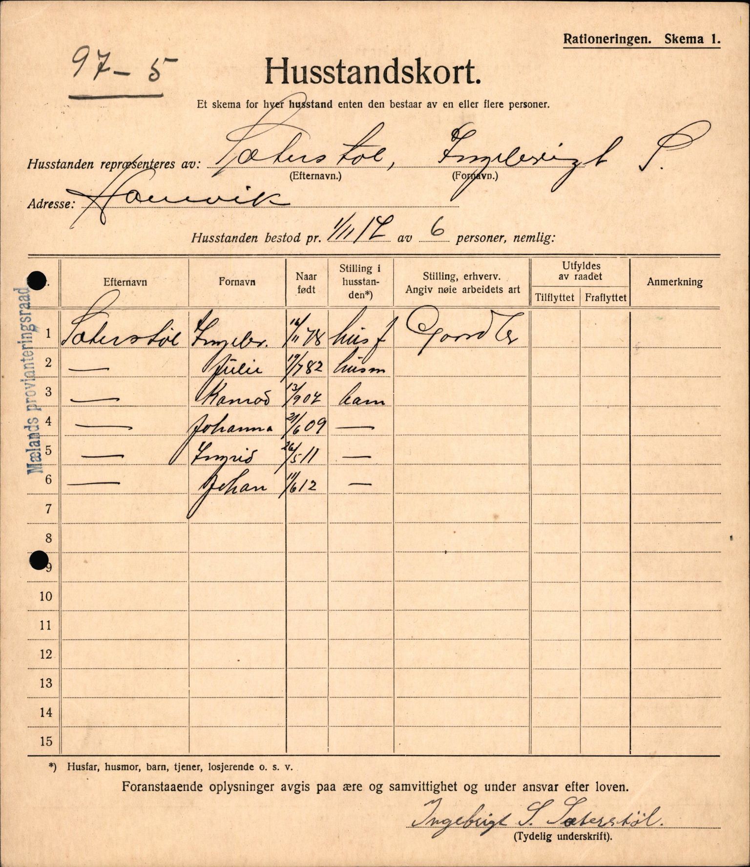 IKAH, Meland kommune, Provianteringsrådet, Husstander per 01.11.1917, 1917-1918, s. 6