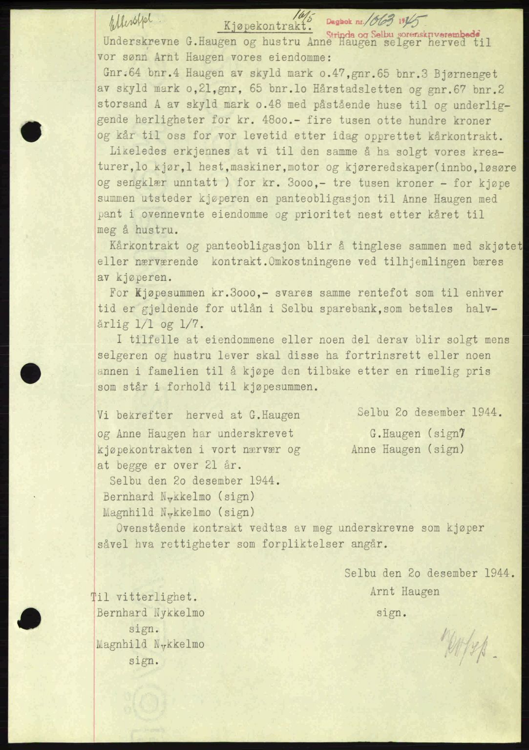 Strinda og Selbu sorenskriveri, SAT/A-0015/2/2C: Pantebok nr. A9, 1944-1945, Dagboknr: 1063/1945