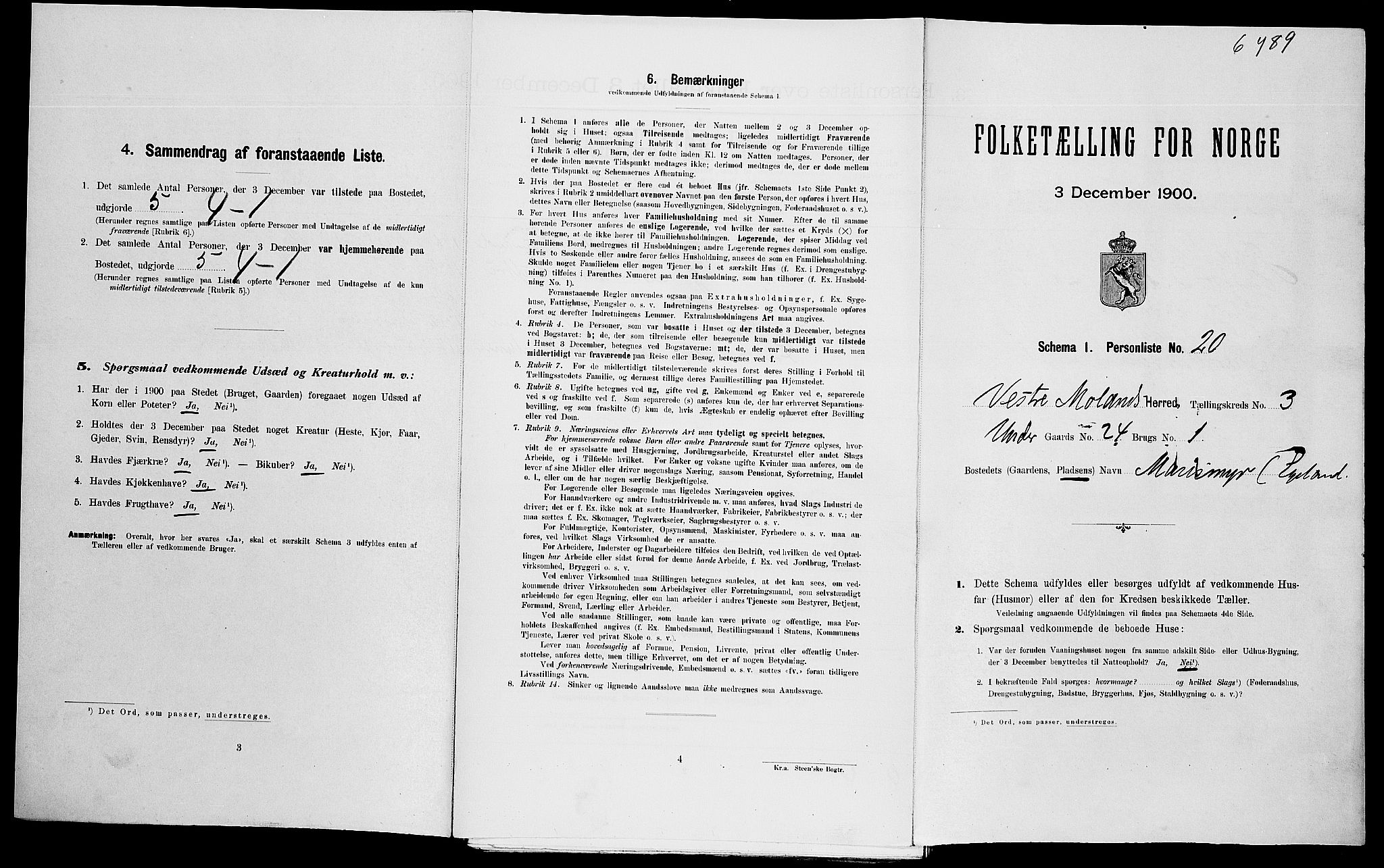 SAK, Folketelling 1900 for 0926 Vestre Moland herred, 1900, s. 375