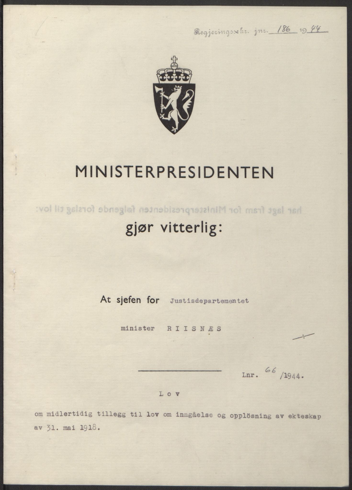 NS-administrasjonen 1940-1945 (Statsrådsekretariatet, de kommisariske statsråder mm), RA/S-4279/D/Db/L0100: Lover, 1944, s. 312