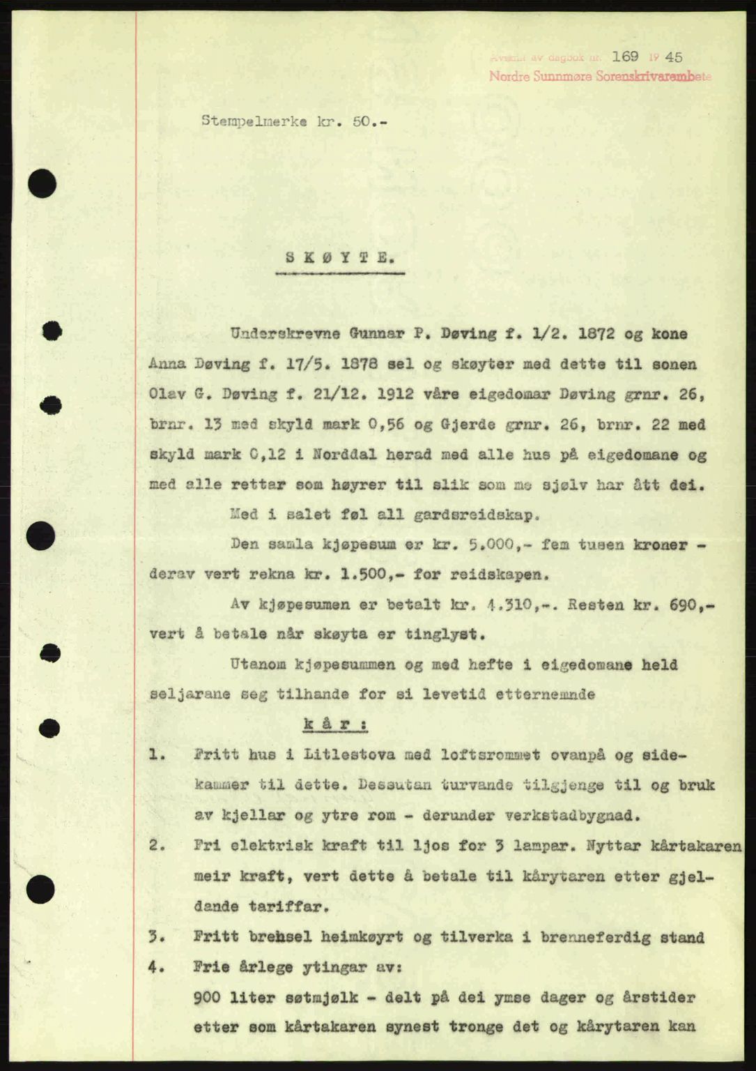 Nordre Sunnmøre sorenskriveri, SAT/A-0006/1/2/2C/2Ca: Pantebok nr. A19, 1944-1945, Dagboknr: 169/1945