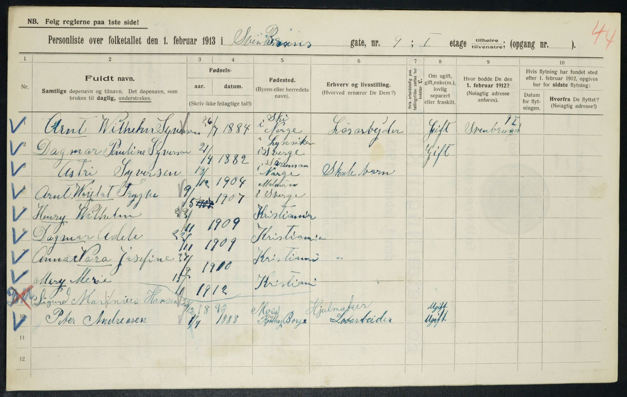 OBA, Kommunal folketelling 1.2.1913 for Kristiania, 1913, s. 104929