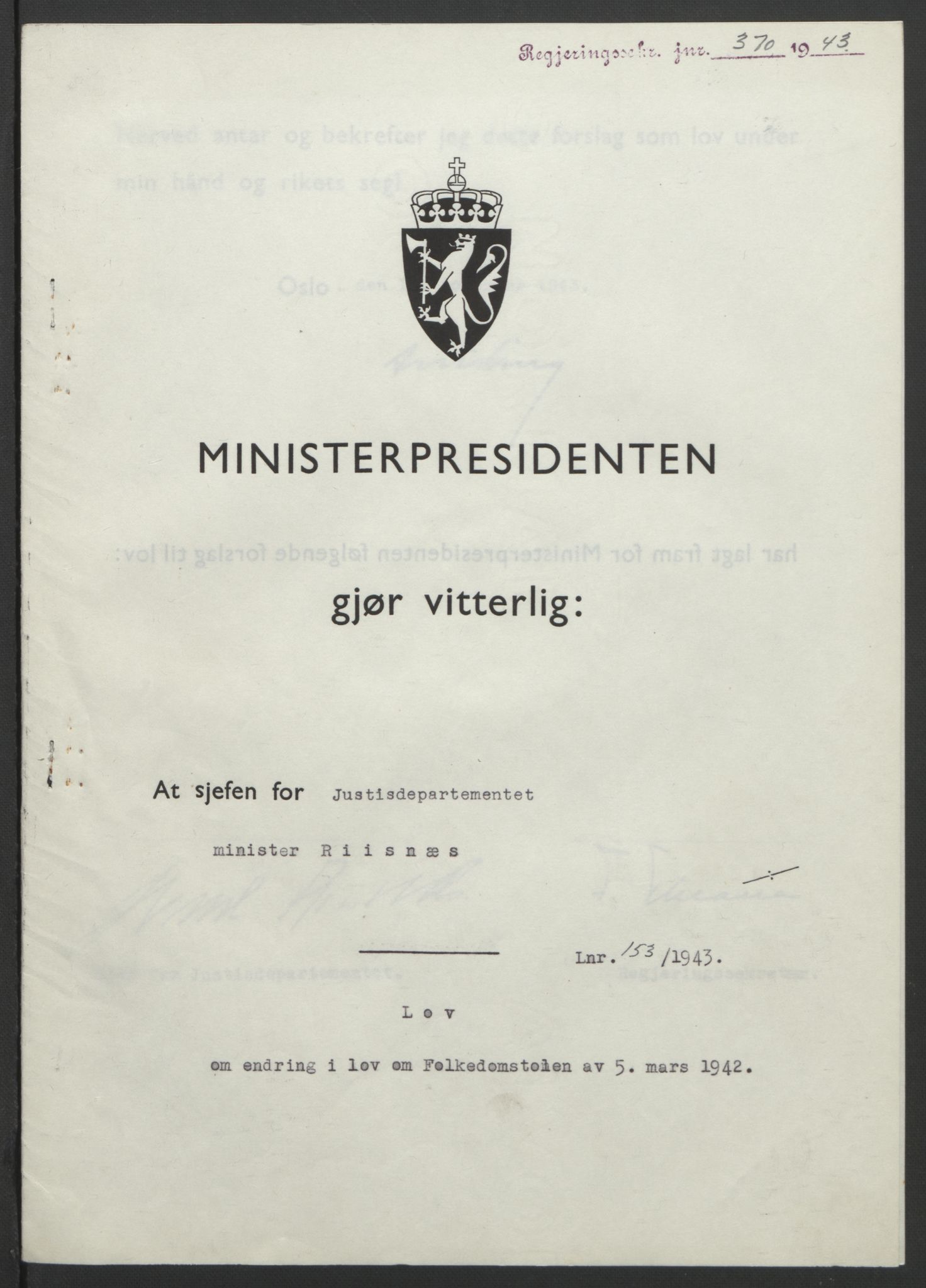 NS-administrasjonen 1940-1945 (Statsrådsekretariatet, de kommisariske statsråder mm), RA/S-4279/D/Db/L0099: Lover, 1943, s. 727