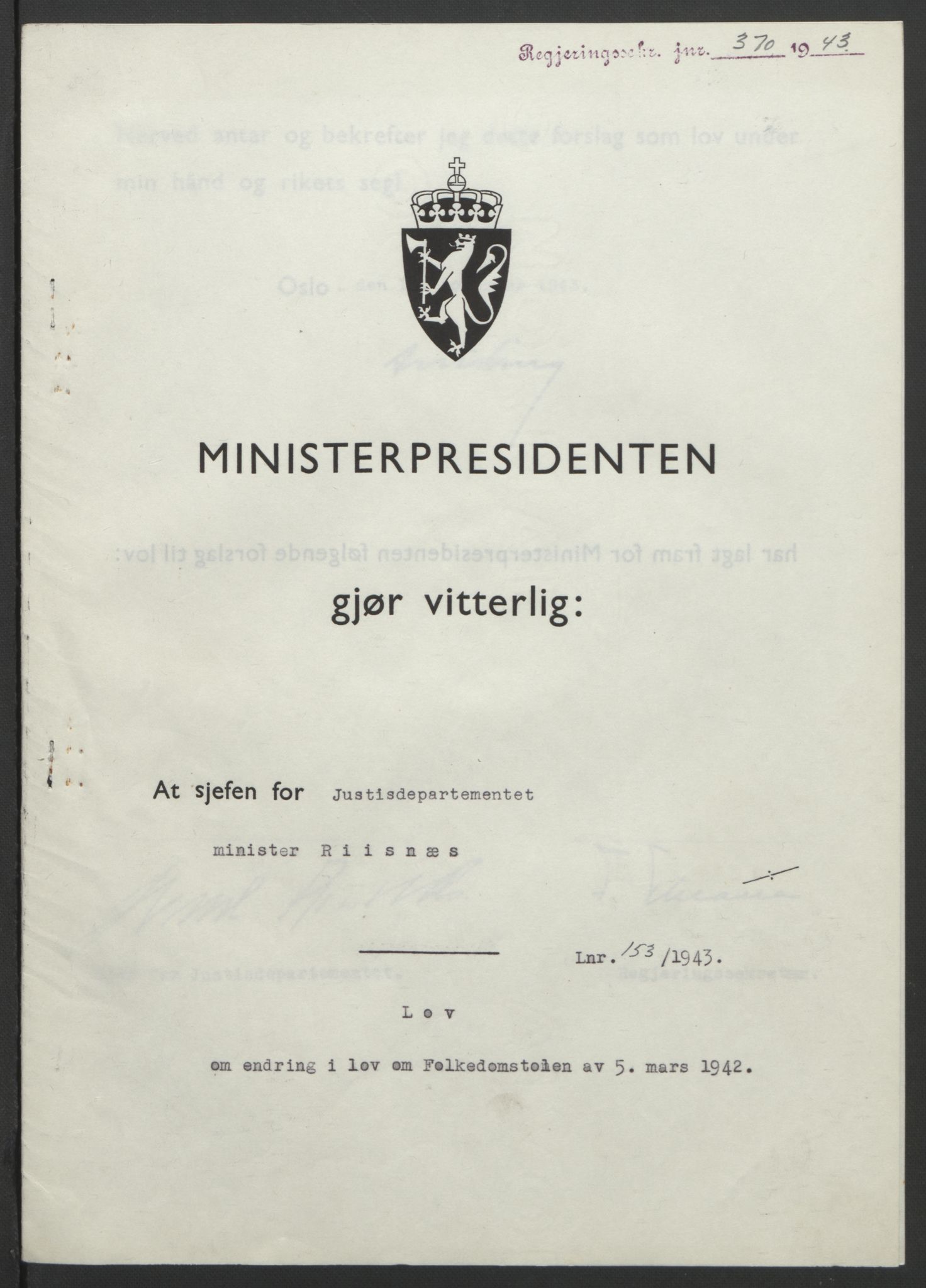 NS-administrasjonen 1940-1945 (Statsrådsekretariatet, de kommisariske statsråder mm), AV/RA-S-4279/D/Db/L0099: Lover, 1943, s. 727