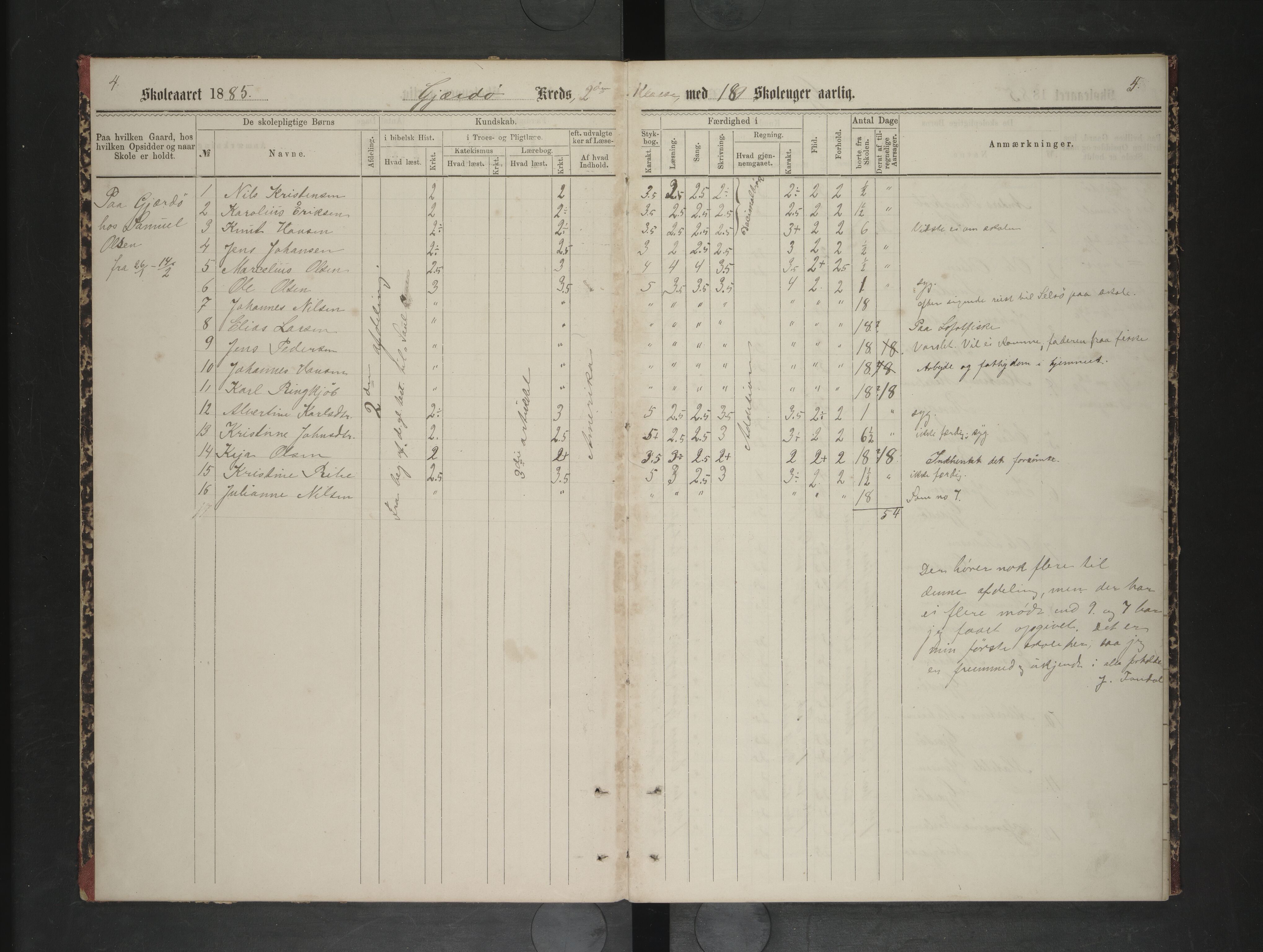 Rødøy kommune. Ymse skolekretser , AIN/K-18360.510.04/F/Fa/L0004: Skoleprotokoll:Gjærdø/Værangsfjorden, 1885-1890