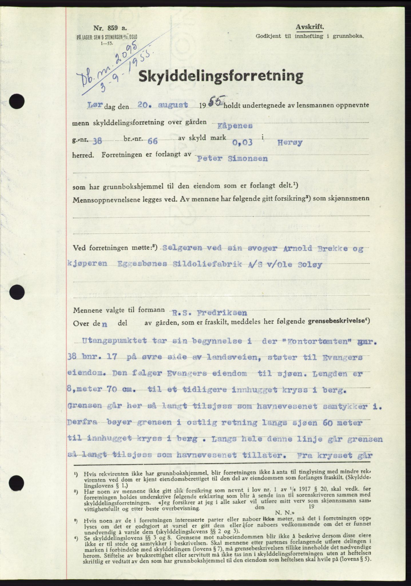 Søre Sunnmøre sorenskriveri, AV/SAT-A-4122/1/2/2C/L0101: Pantebok nr. 27A, 1955-1955, Dagboknr: 2095/1955