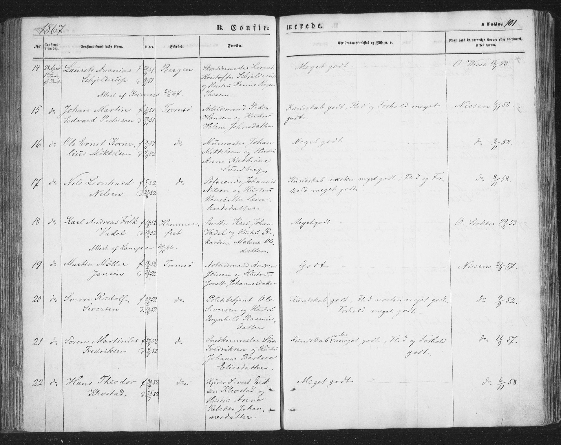 Tromsø sokneprestkontor/stiftsprosti/domprosti, AV/SATØ-S-1343/G/Ga/L0012kirke: Ministerialbok nr. 12, 1865-1871, s. 101