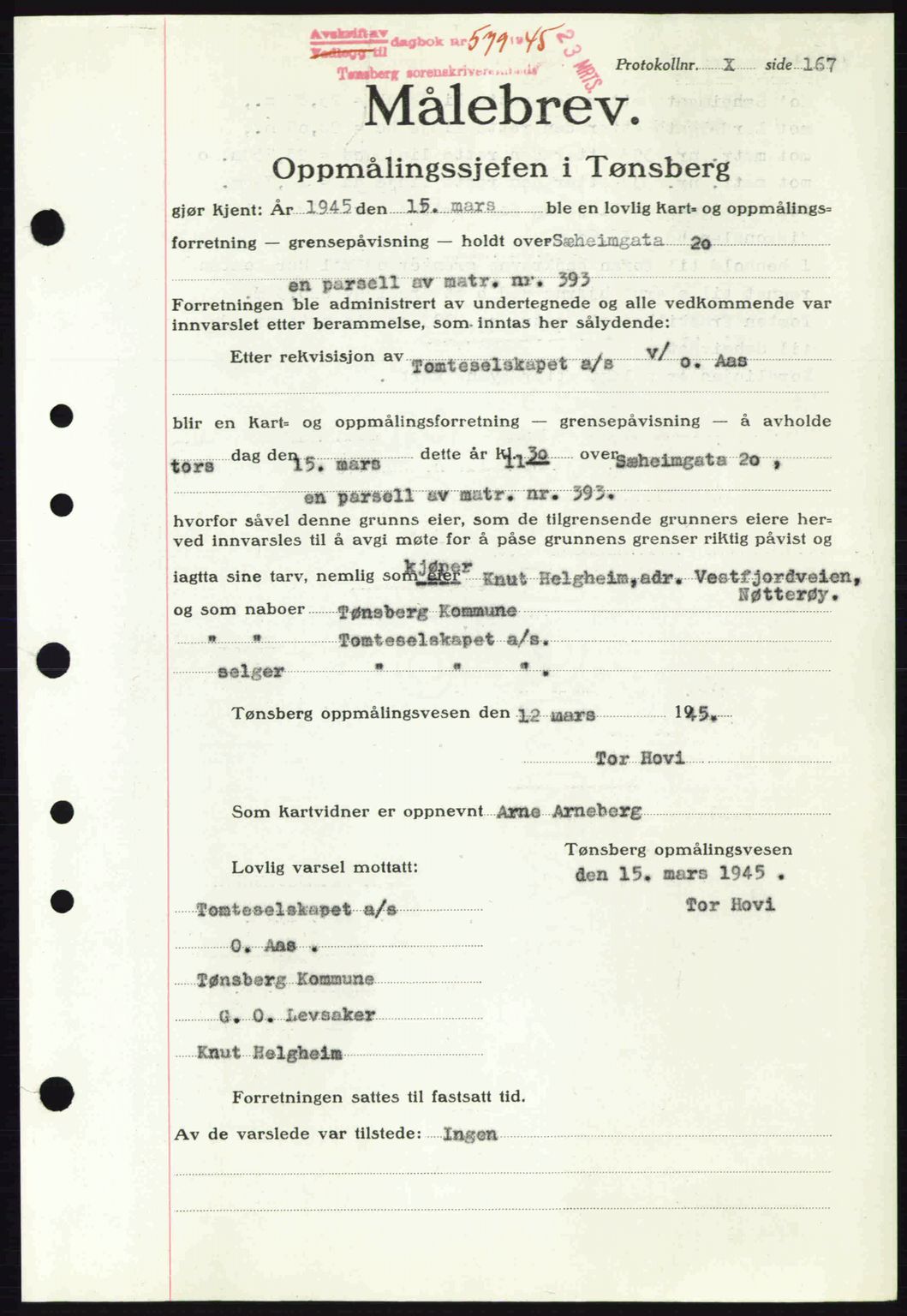 Tønsberg sorenskriveri, AV/SAKO-A-130/G/Ga/Gaa/L0016: Pantebok nr. A16, 1944-1945, Dagboknr: 579/1945