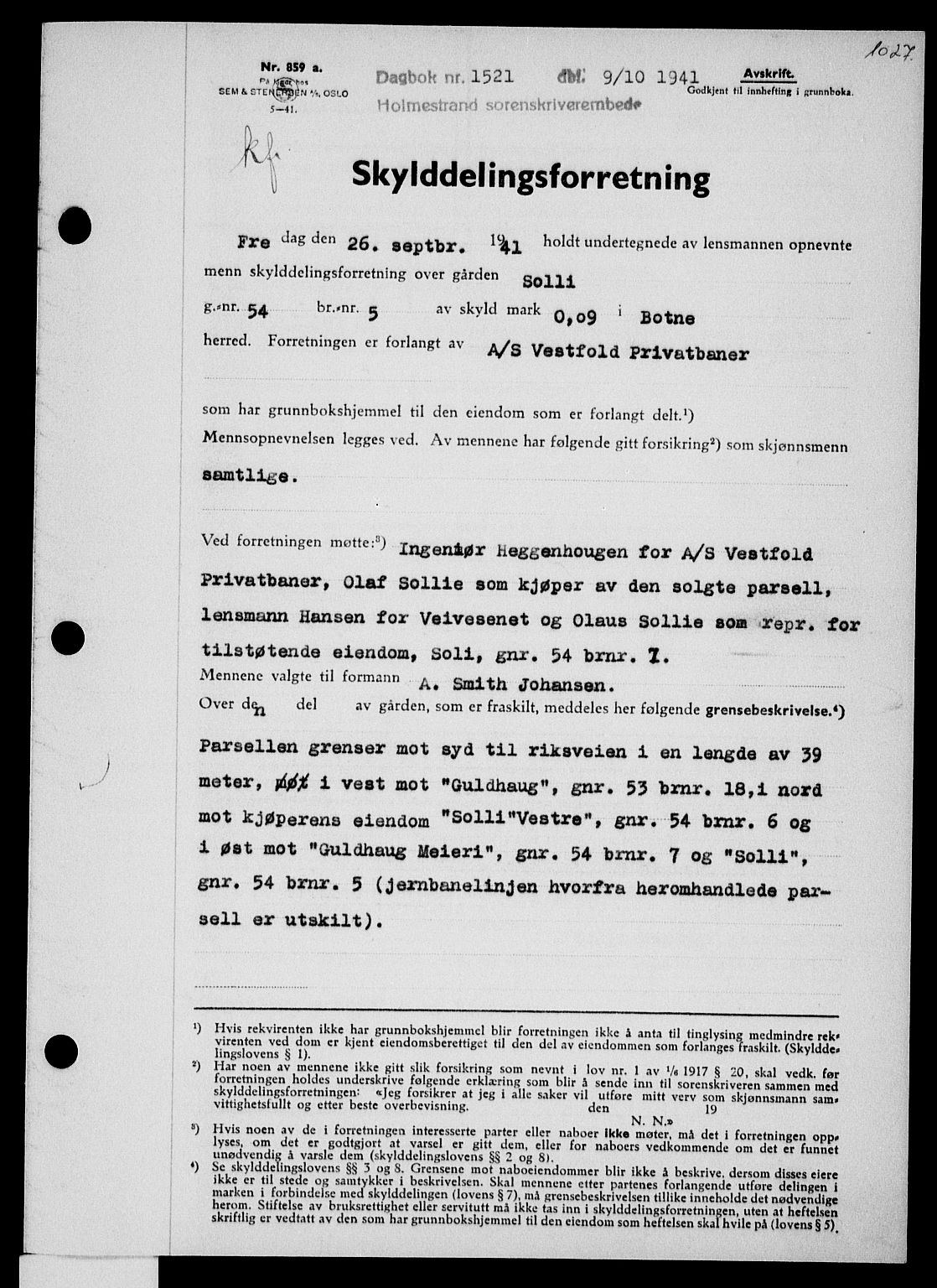 Holmestrand sorenskriveri, SAKO/A-67/G/Ga/Gaa/L0053: Pantebok nr. A-53, 1941-1941, Dagboknr: 1521/1941
