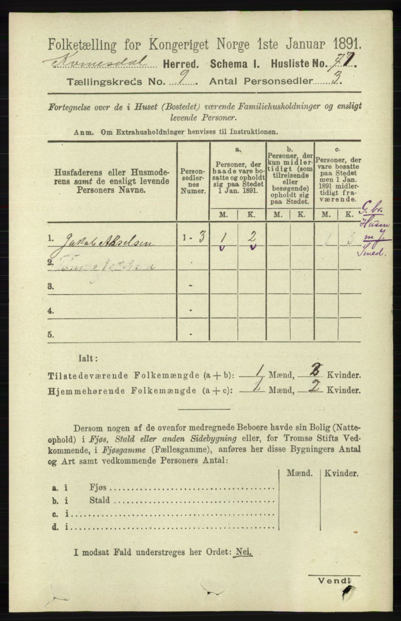 RA, Folketelling 1891 for 1037 Kvinesdal herred, 1891, s. 3285