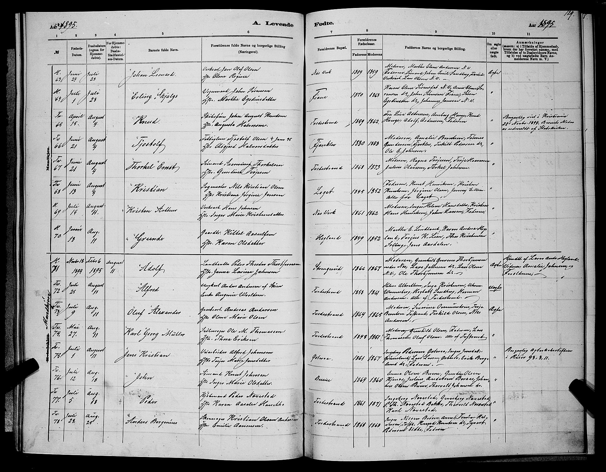 Holt sokneprestkontor, AV/SAK-1111-0021/F/Fb/L0010: Klokkerbok nr. B 10, 1883-1896, s. 129