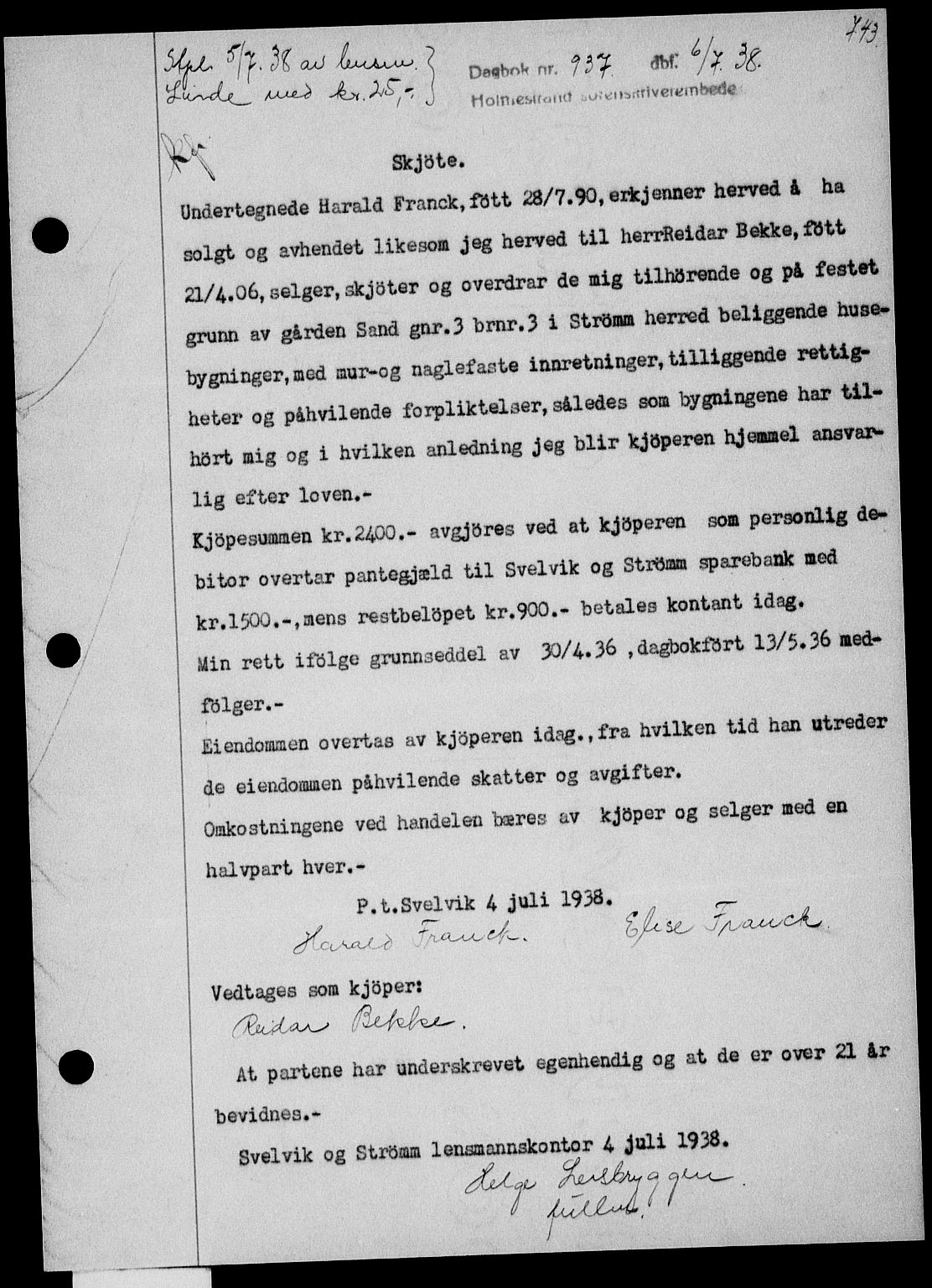 Holmestrand sorenskriveri, SAKO/A-67/G/Ga/Gaa/L0049: Pantebok nr. A-49, 1937-1938, Dagboknr: 937/1938