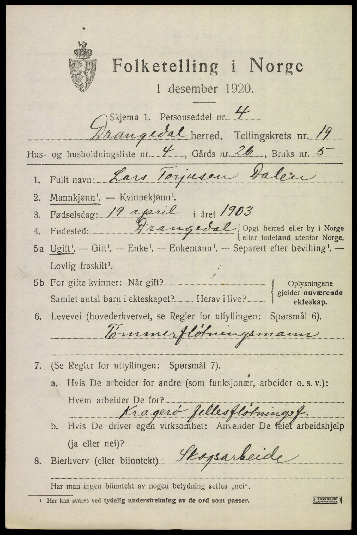 SAKO, Folketelling 1920 for 0817 Drangedal herred, 1920, s. 8505