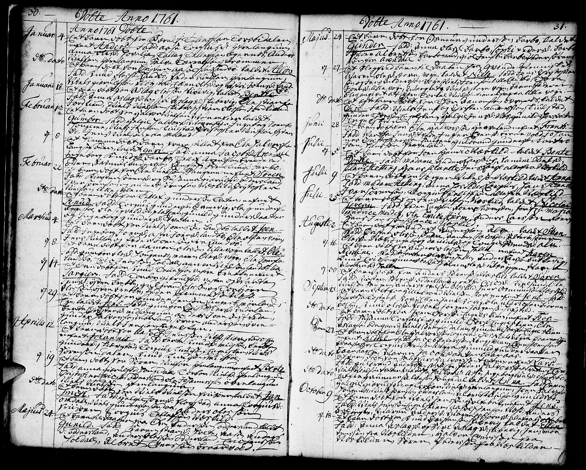 Austre Moland sokneprestkontor, SAK/1111-0001/F/Fa/Faa/L0002: Ministerialbok nr. A 2, 1747-1808, s. 30-31