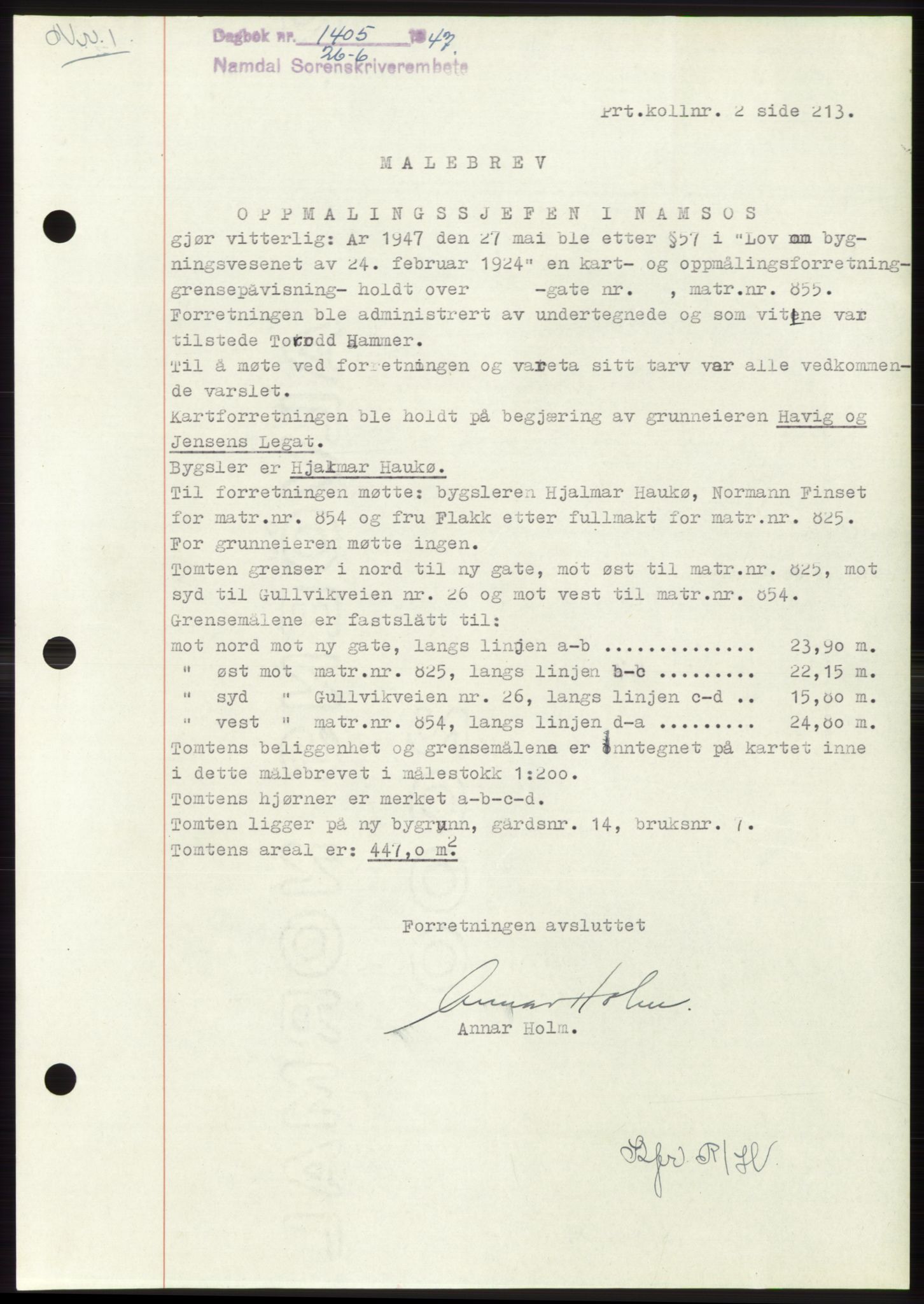 Namdal sorenskriveri, SAT/A-4133/1/2/2C: Pantebok nr. -, 1947-1947, Dagboknr: 1405/1947