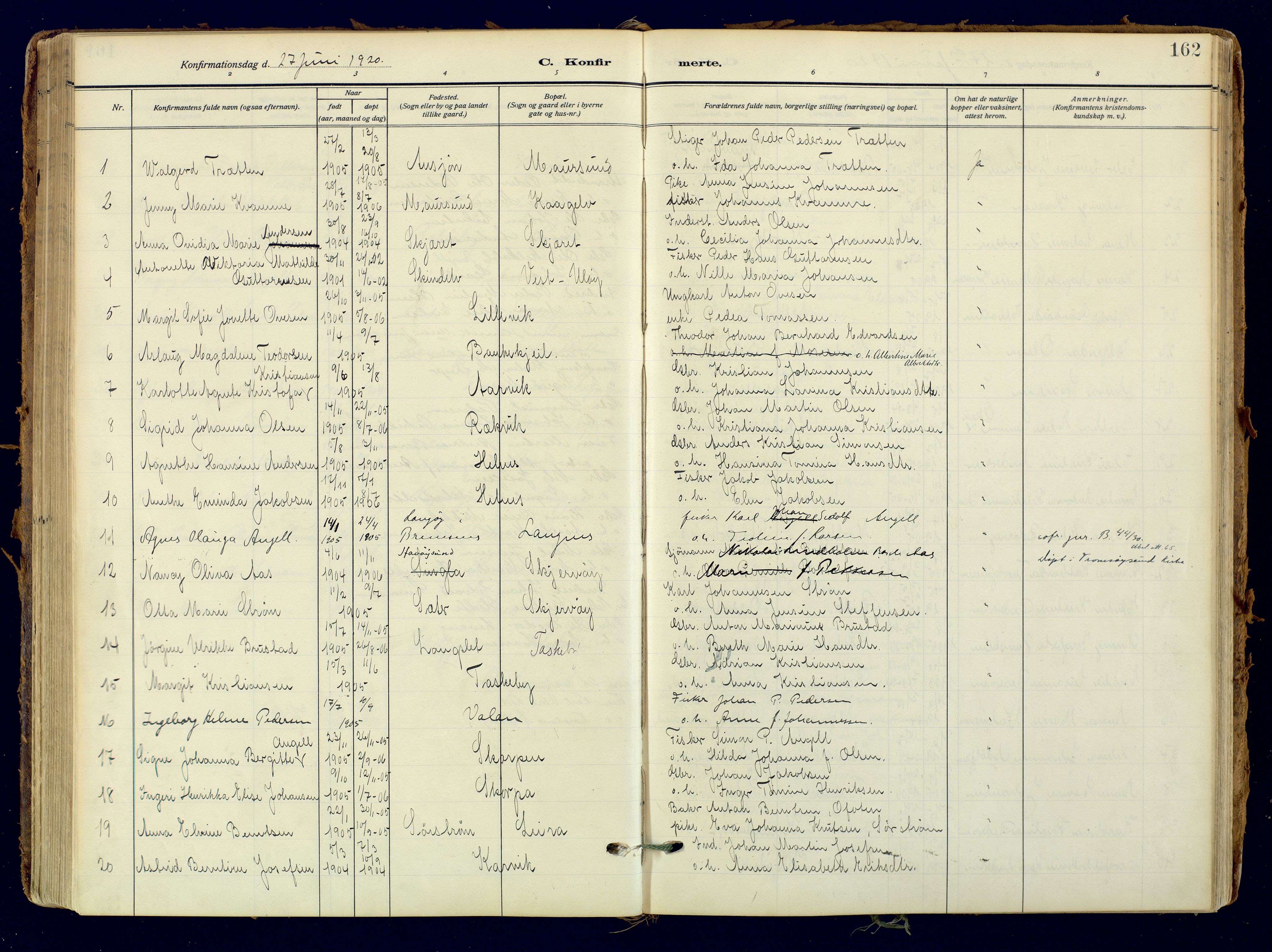Skjervøy sokneprestkontor, AV/SATØ-S-1300/H/Ha/Haa: Ministerialbok nr. 18, 1910-1926, s. 162