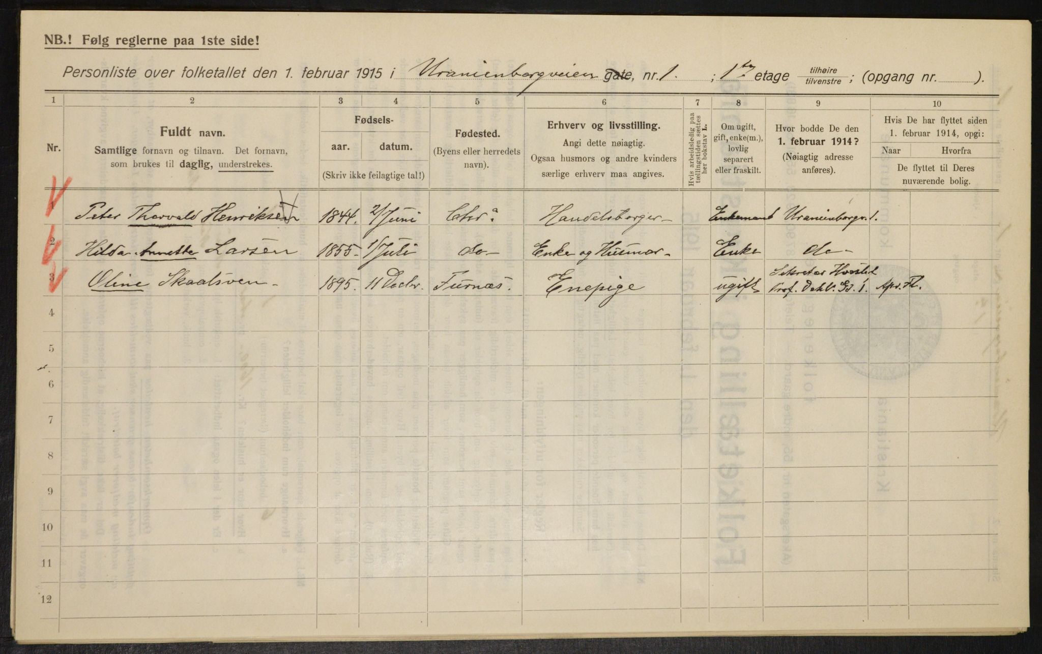 OBA, Kommunal folketelling 1.2.1915 for Kristiania, 1915, s. 121011