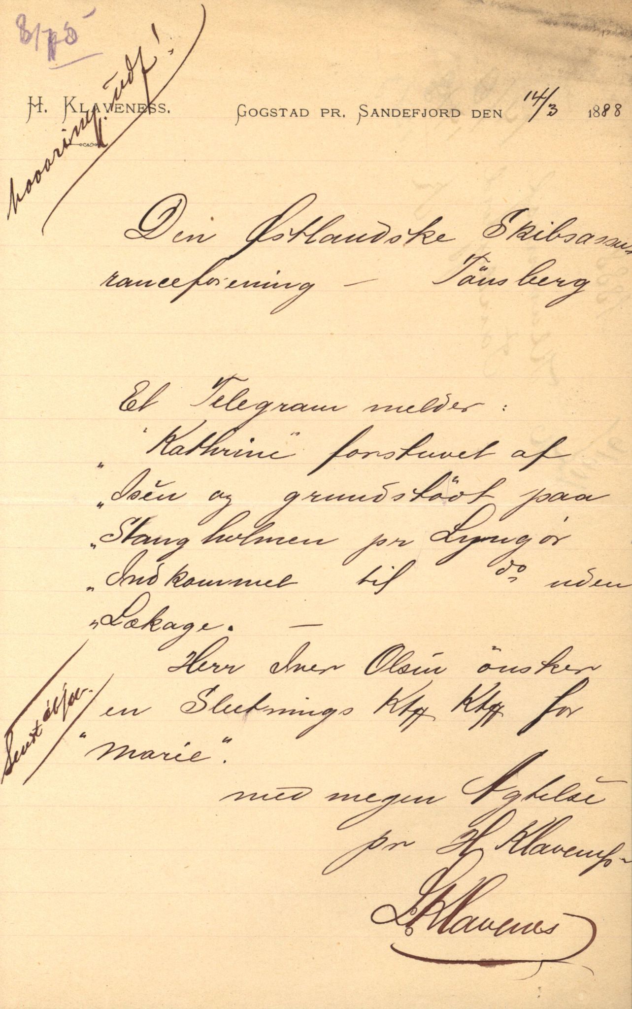 Pa 63 - Østlandske skibsassuranceforening, VEMU/A-1079/G/Ga/L0023/0003: Havaridokumenter / Else Katrine, Einar, Ethel, Finland, Favour, 1888, s. 5