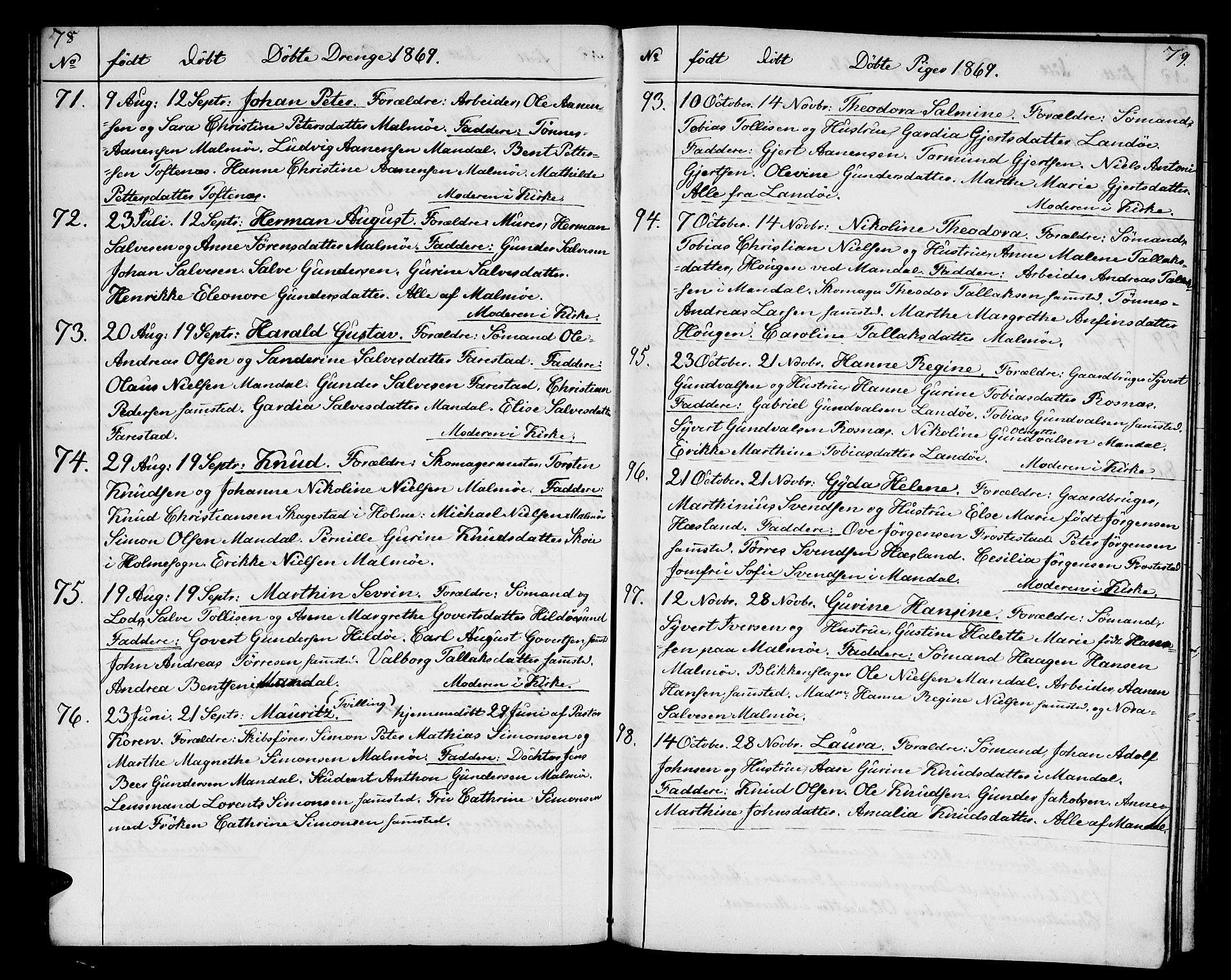 Mandal sokneprestkontor, AV/SAK-1111-0030/F/Fb/Fba/L0009: Klokkerbok nr. B 3, 1867-1877, s. 78-79