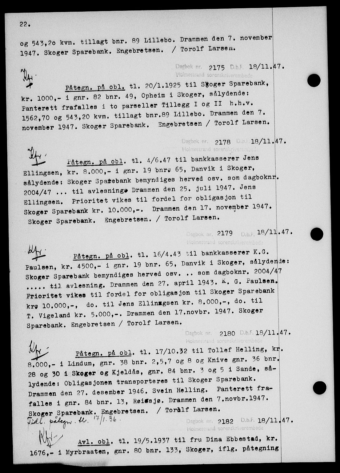 Holmestrand sorenskriveri, SAKO/A-67/G/Ga/Gab/L0058: Pantebok nr. B-58, 1947-1948, s. 22, Dagboknr: 2175/1947