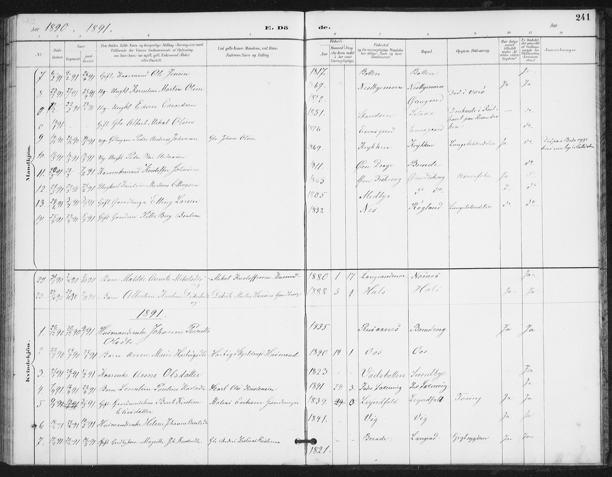 Ministerialprotokoller, klokkerbøker og fødselsregistre - Nordland, AV/SAT-A-1459/847/L0682: Klokkerbok nr. 847C10, 1889-1907, s. 241