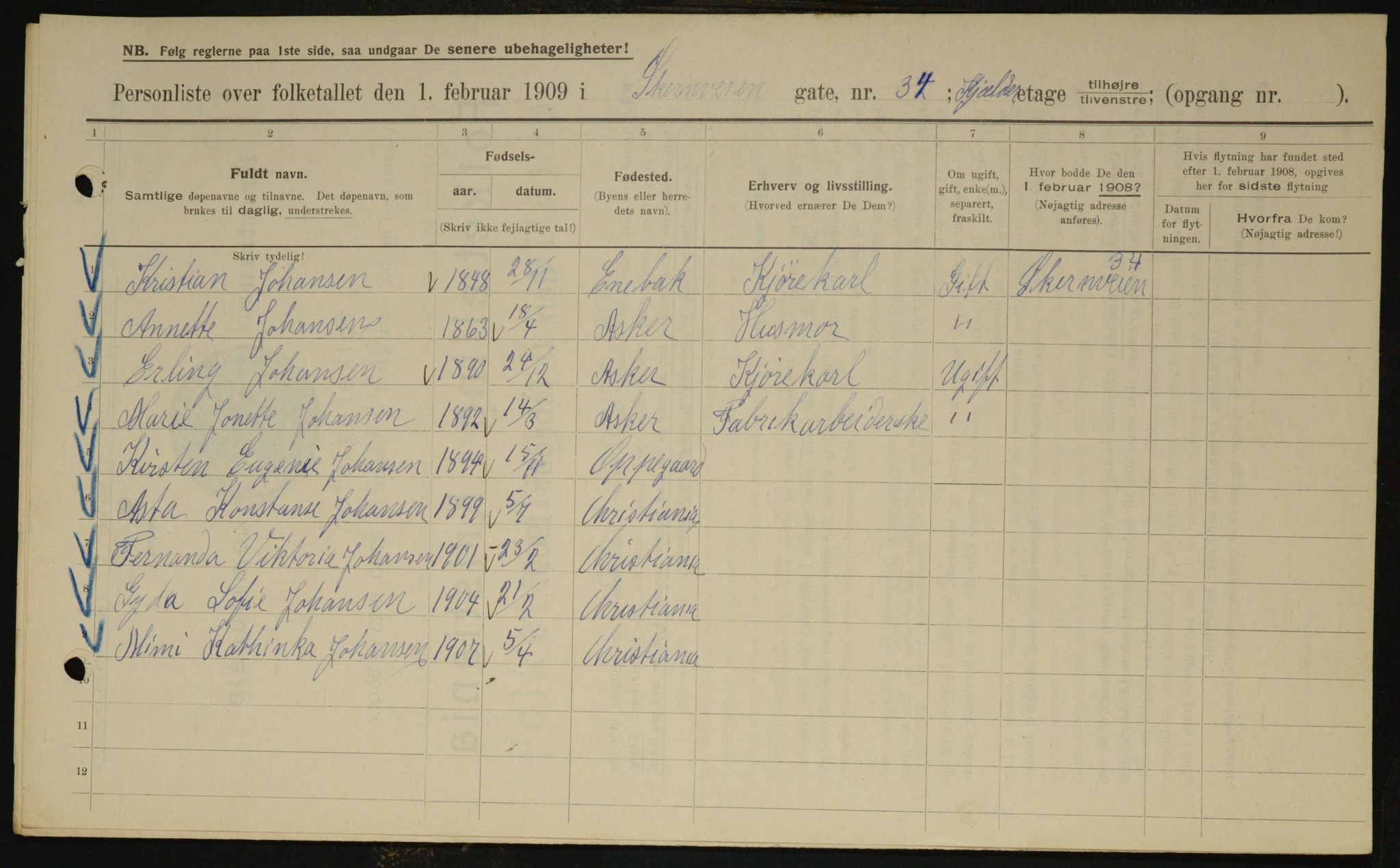 OBA, Kommunal folketelling 1.2.1909 for Kristiania kjøpstad, 1909, s. 117057