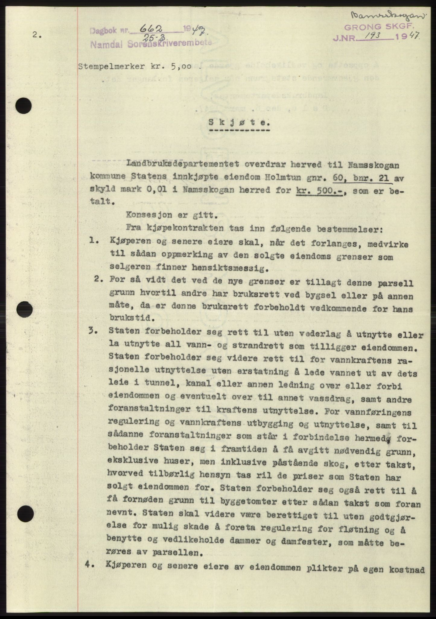 Namdal sorenskriveri, SAT/A-4133/1/2/2C: Pantebok nr. -, 1946-1947, Dagboknr: 662/1947