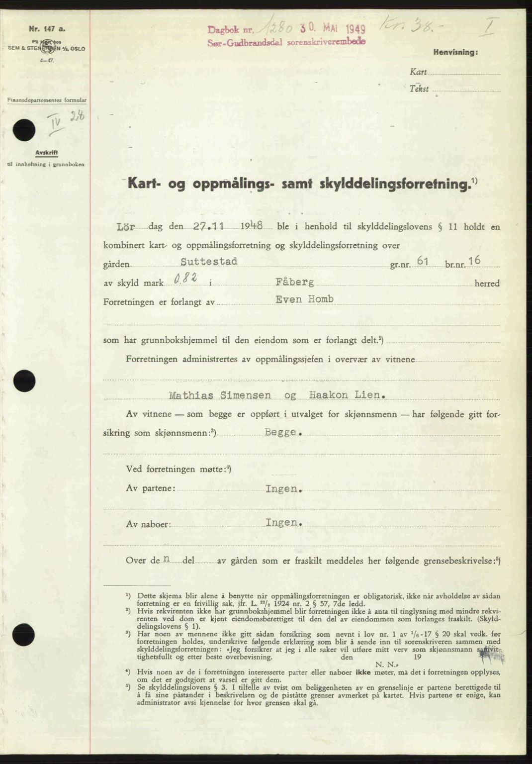 Sør-Gudbrandsdal tingrett, SAH/TING-004/H/Hb/Hbd/L0025: Pantebok nr. A25, 1949-1949, Dagboknr: 1280/1949