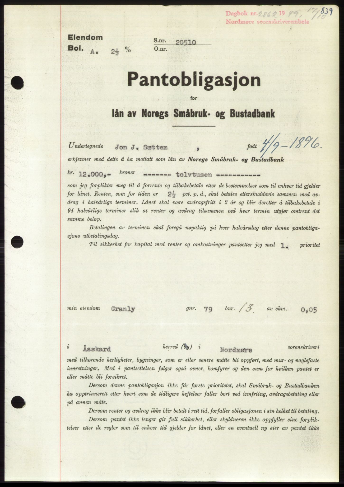 Nordmøre sorenskriveri, AV/SAT-A-4132/1/2/2Ca: Pantebok nr. B102, 1949-1949, Dagboknr: 2862/1949