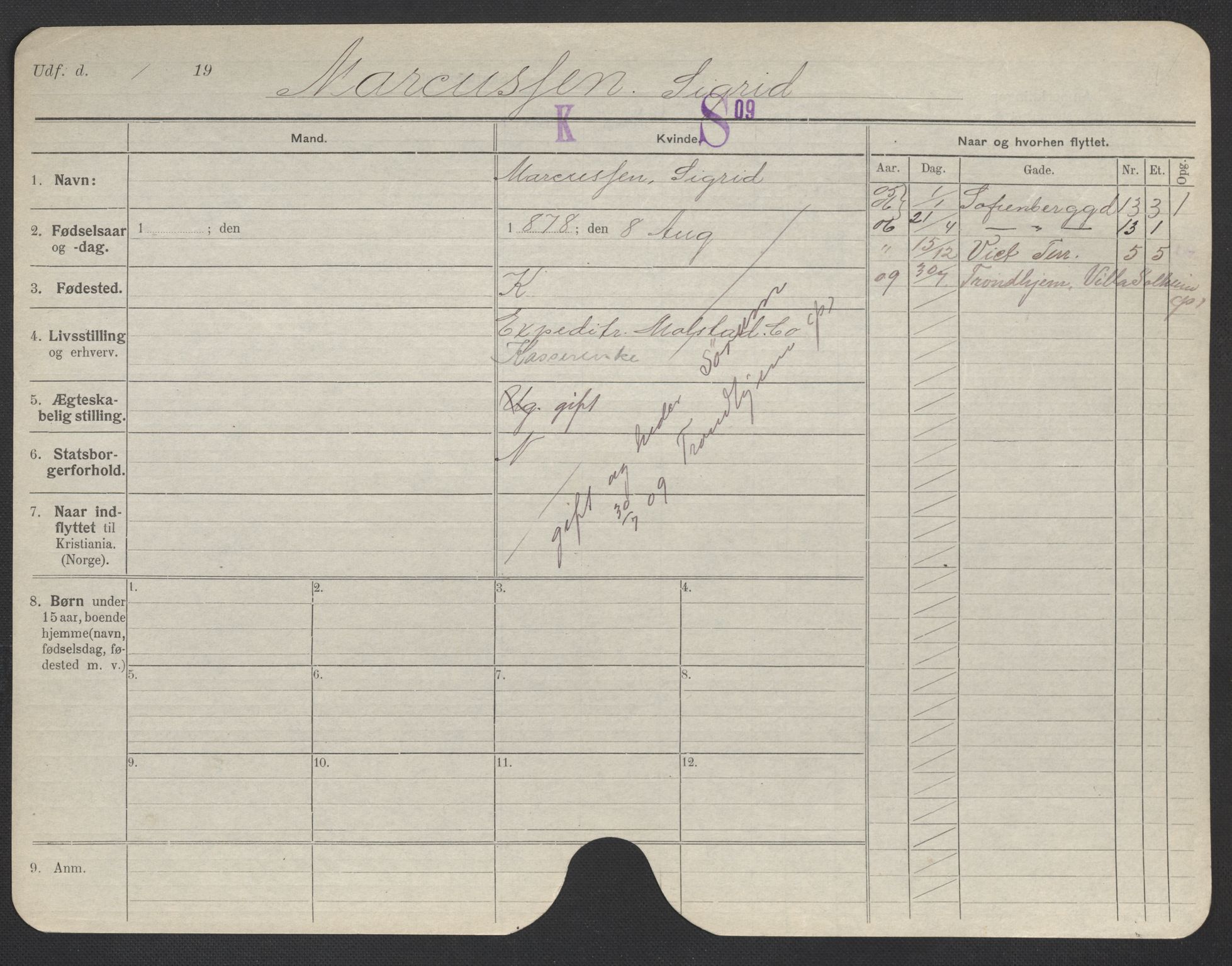 Oslo folkeregister, Registerkort, AV/SAO-A-11715/F/Fa/Fac/L0020: Kvinner, 1906-1914, s. 578a