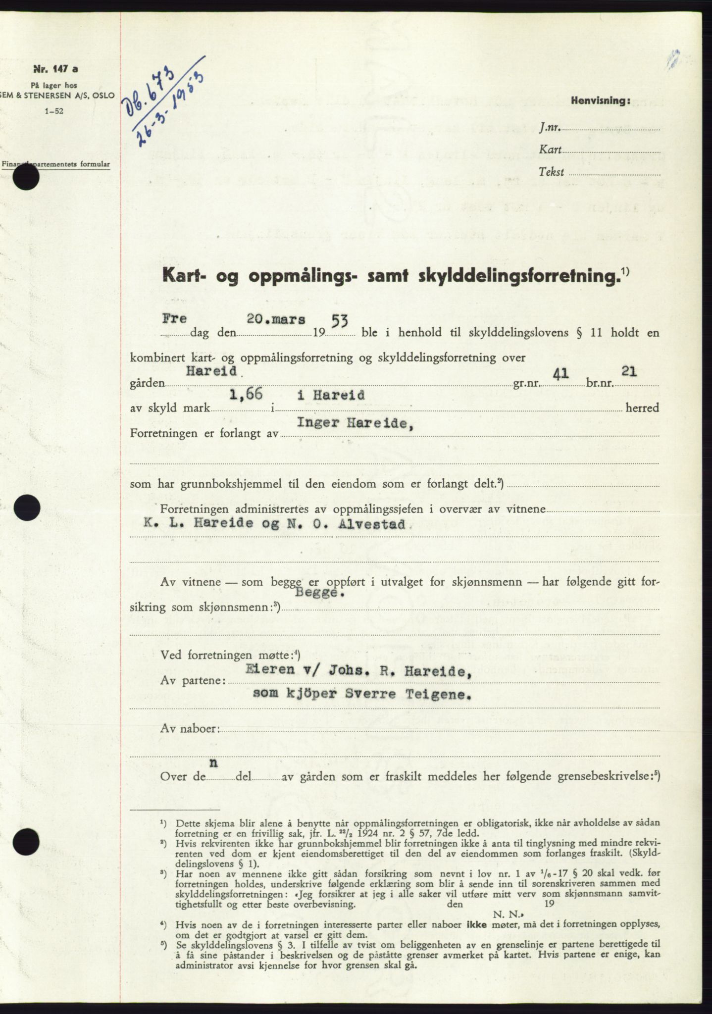 Søre Sunnmøre sorenskriveri, SAT/A-4122/1/2/2C/L0094: Pantebok nr. 20A, 1953-1953, Dagboknr: 673/1953