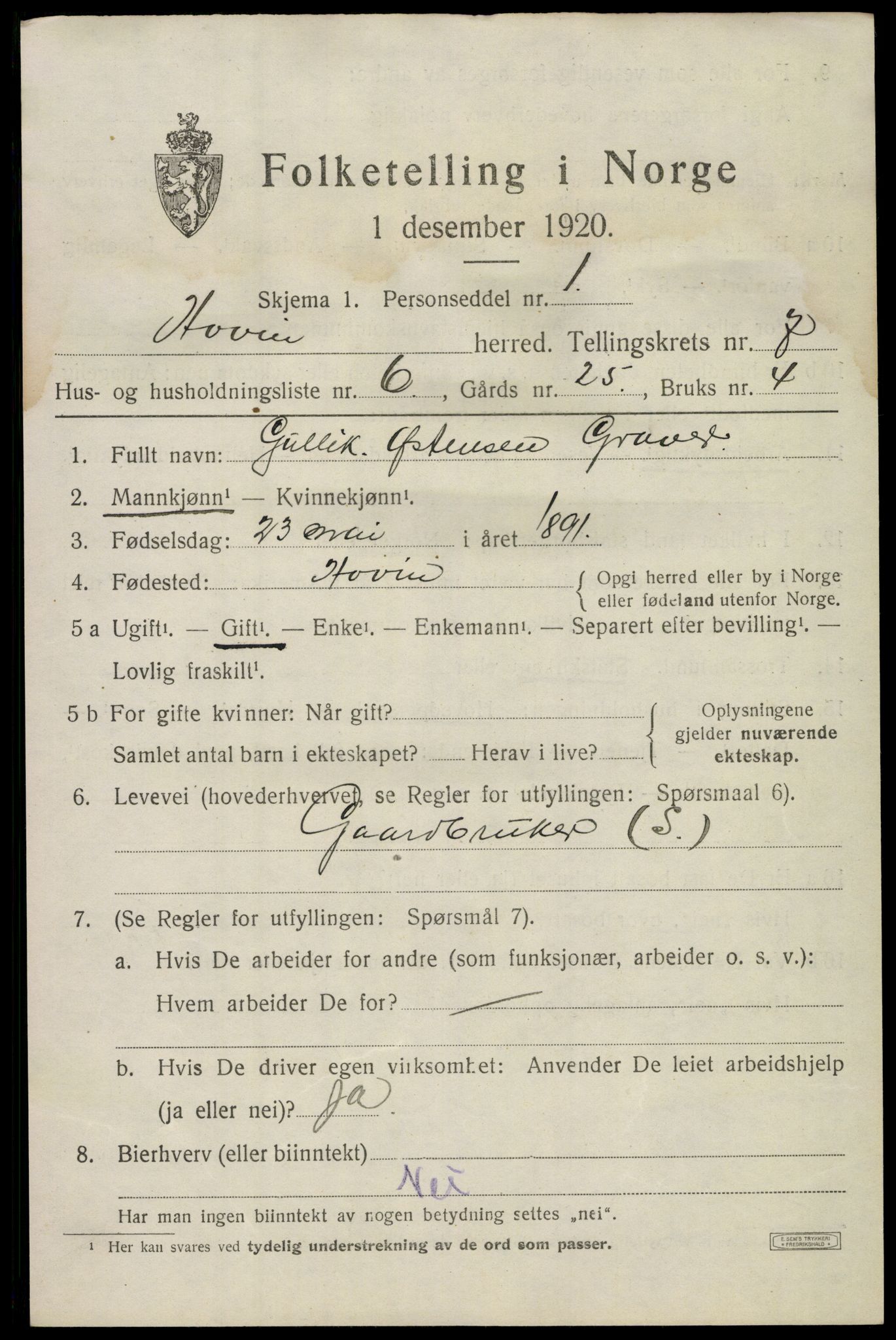 SAKO, Folketelling 1920 for 0825 Hovin herred, 1920, s. 1749