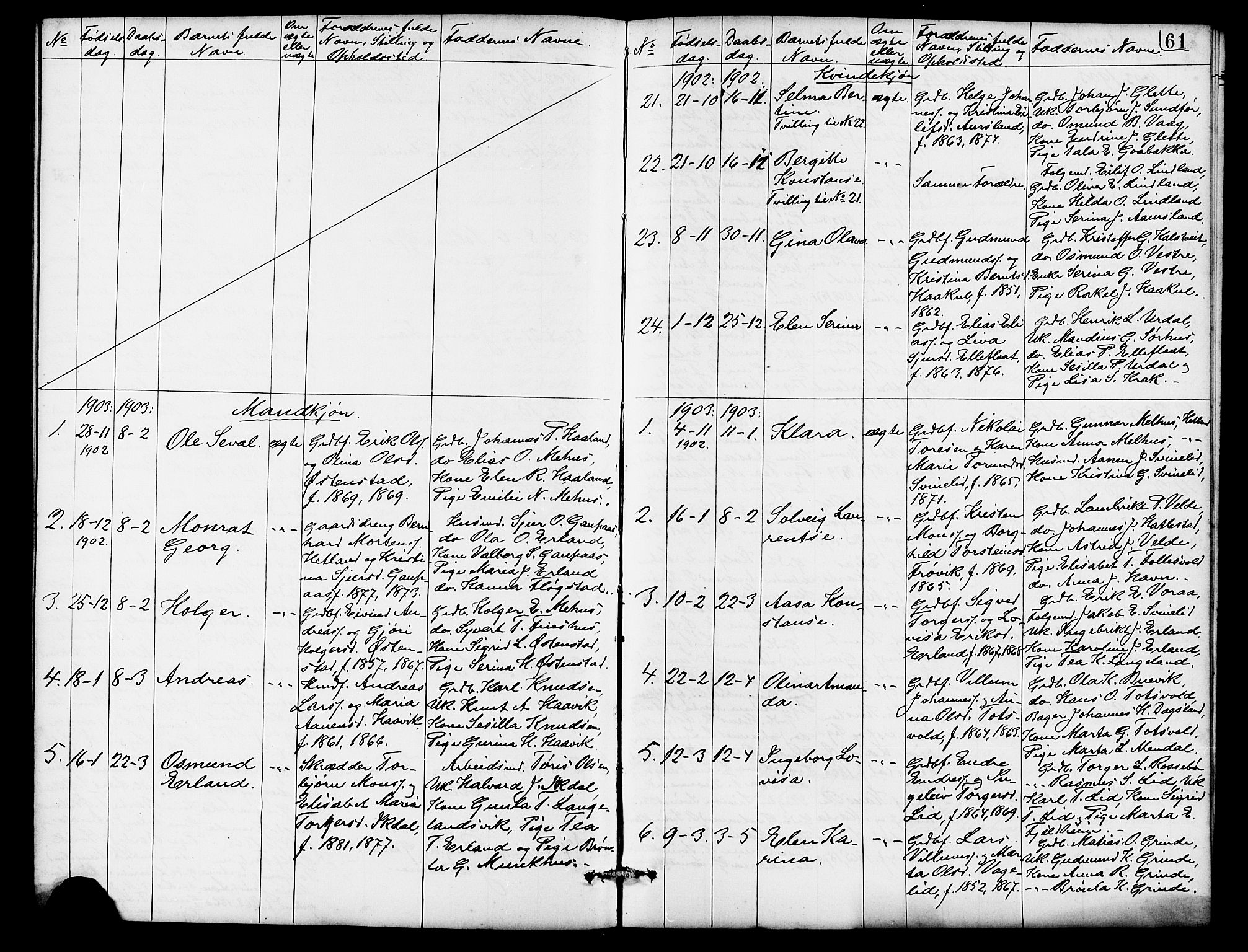 Skjold sokneprestkontor, SAST/A-101847/H/Ha/Hab/L0007: Klokkerbok nr. B 7, 1885-1906, s. 61