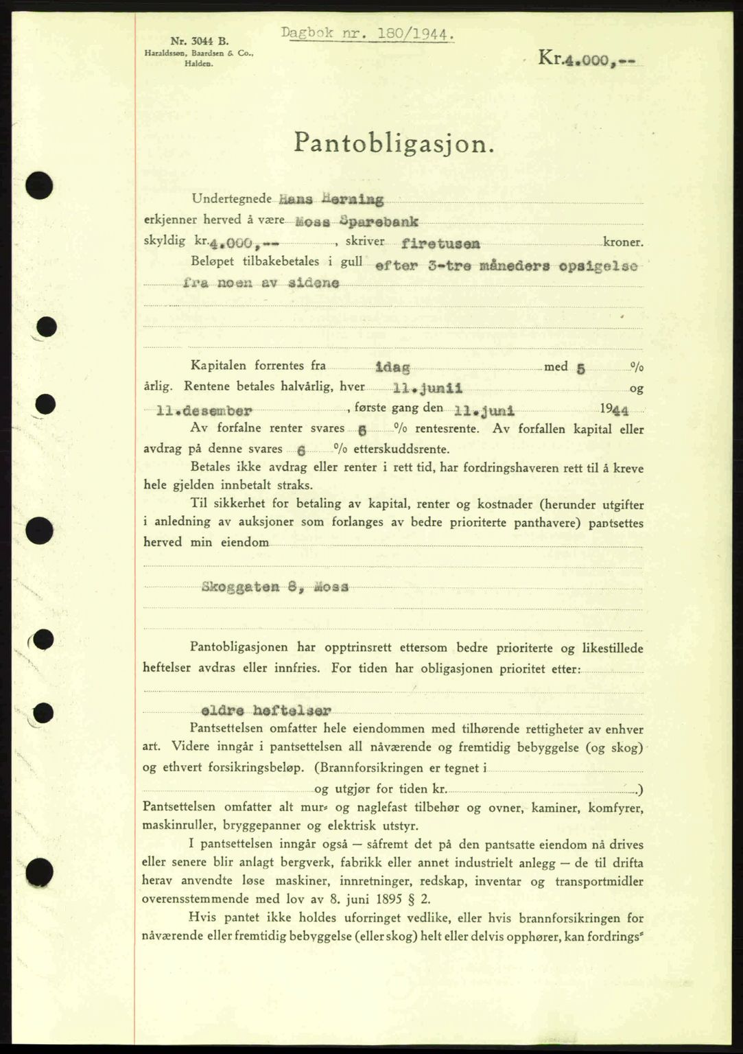 Moss sorenskriveri, SAO/A-10168: Pantebok nr. B13, 1943-1945, Dagboknr: 180/1944
