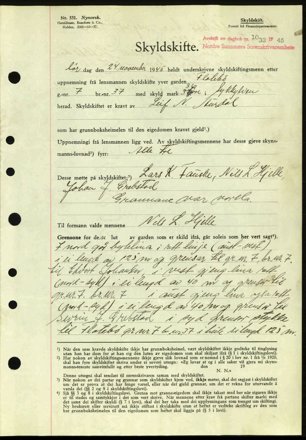 Nordre Sunnmøre sorenskriveri, AV/SAT-A-0006/1/2/2C/2Ca: Pantebok nr. A20a, 1945-1945, Dagboknr: 1033/1945