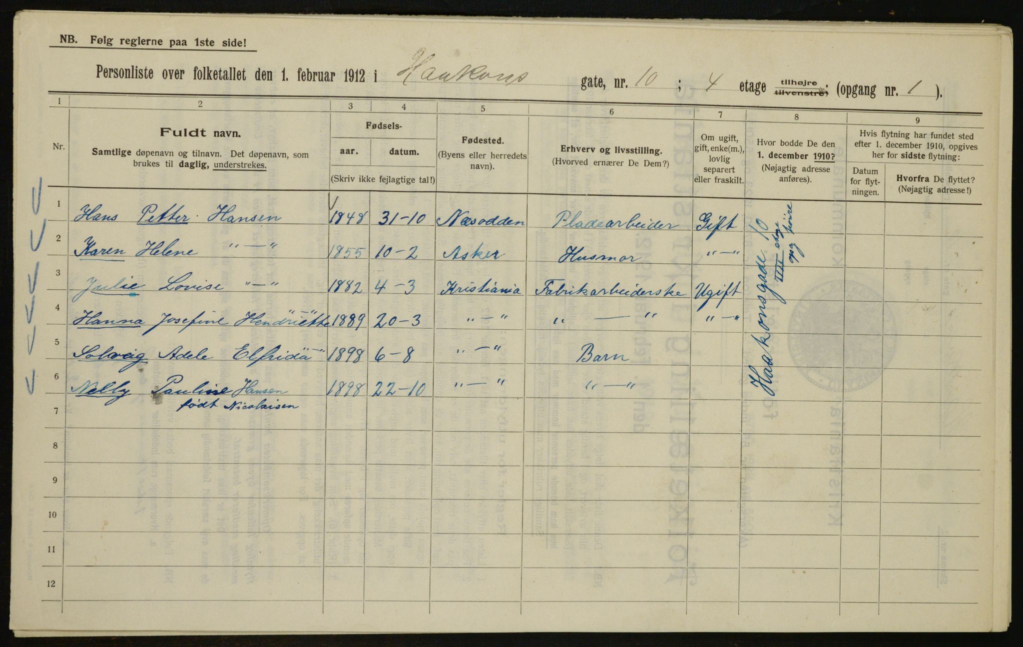 OBA, Kommunal folketelling 1.2.1912 for Kristiania, 1912, s. 43123