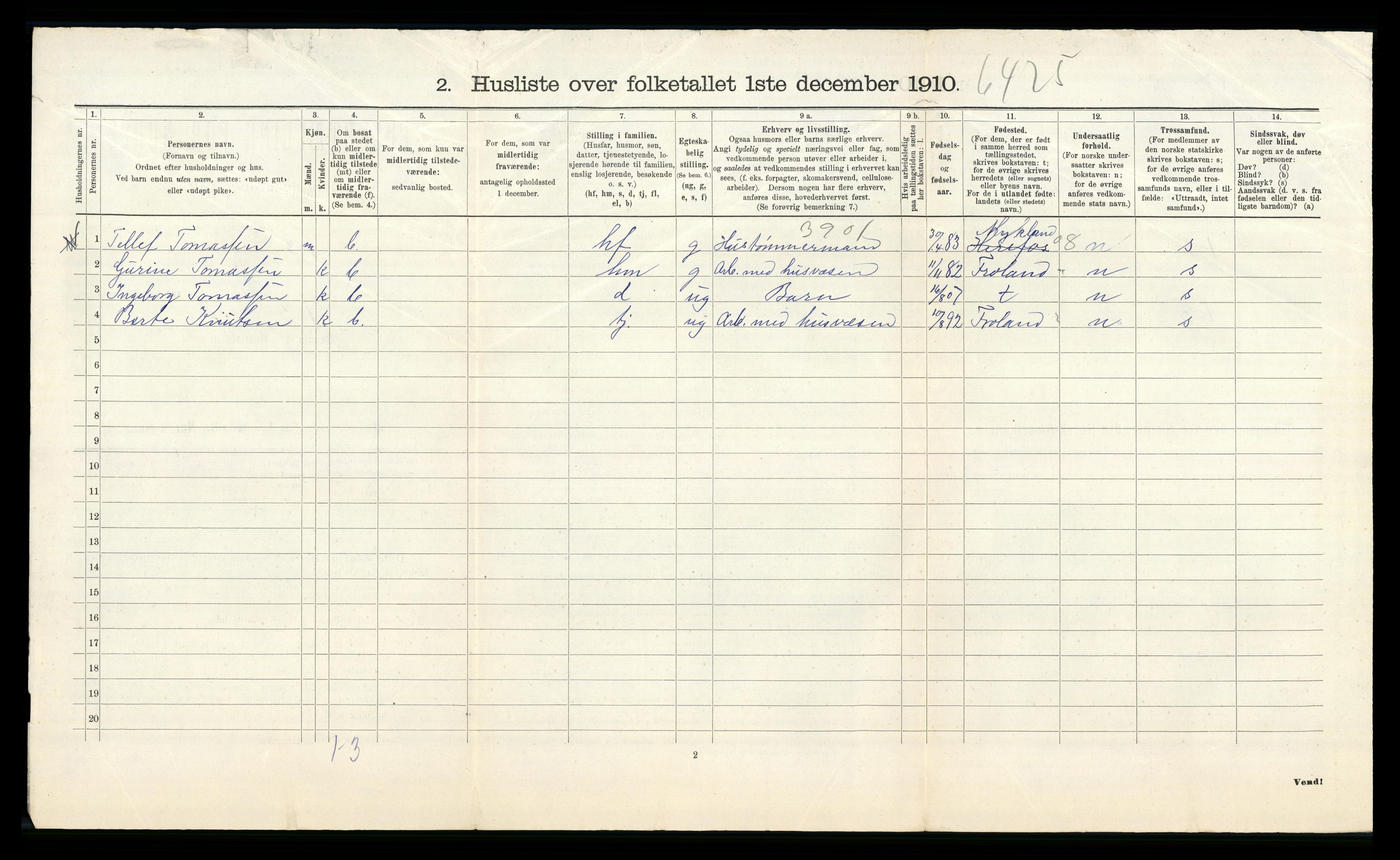 RA, Folketelling 1910 for 0923 Fjære herred, 1910, s. 1852