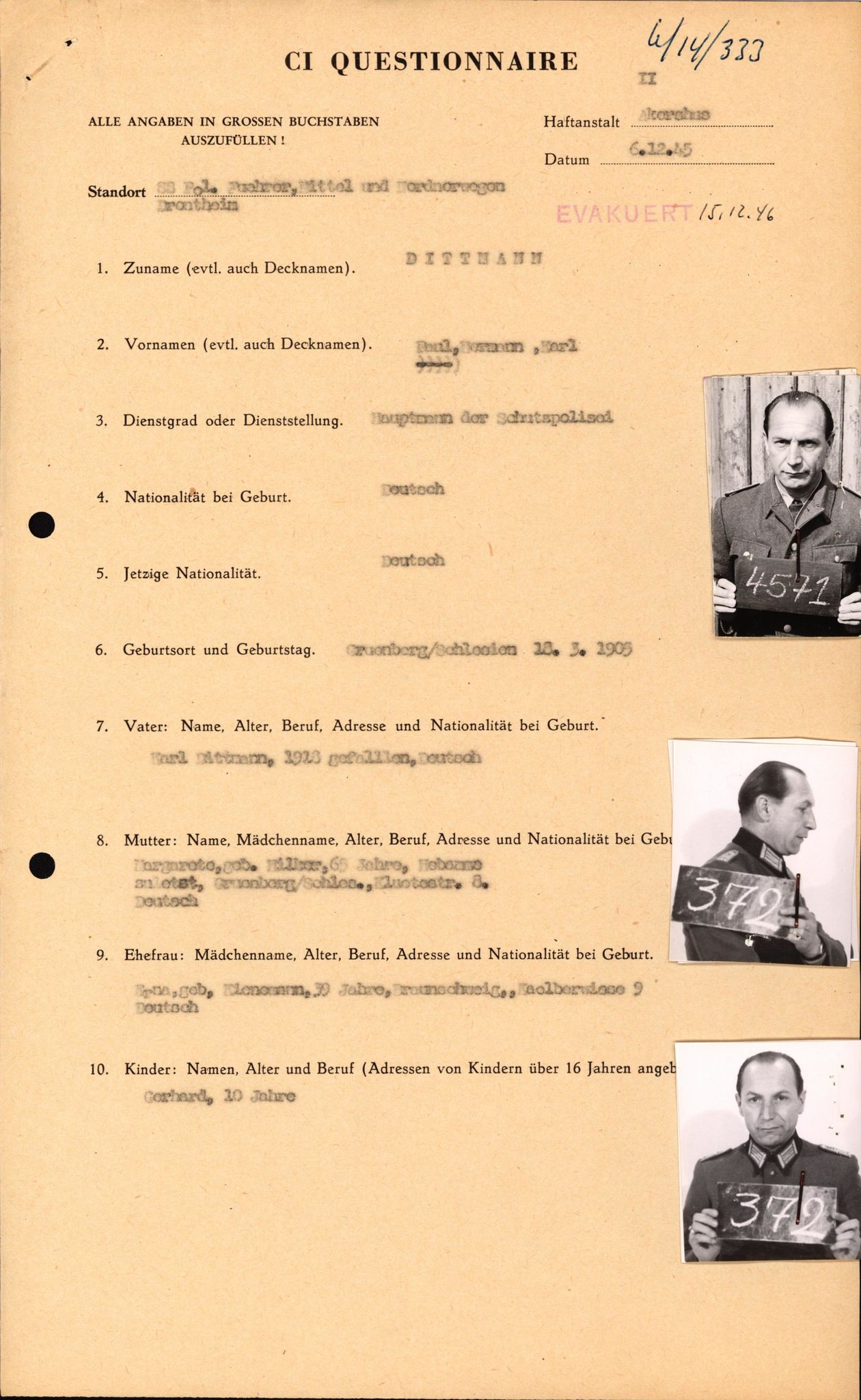 Forsvaret, Forsvarets overkommando II, AV/RA-RAFA-3915/D/Db/L0006: CI Questionaires. Tyske okkupasjonsstyrker i Norge. Tyskere., 1945-1946, s. 100