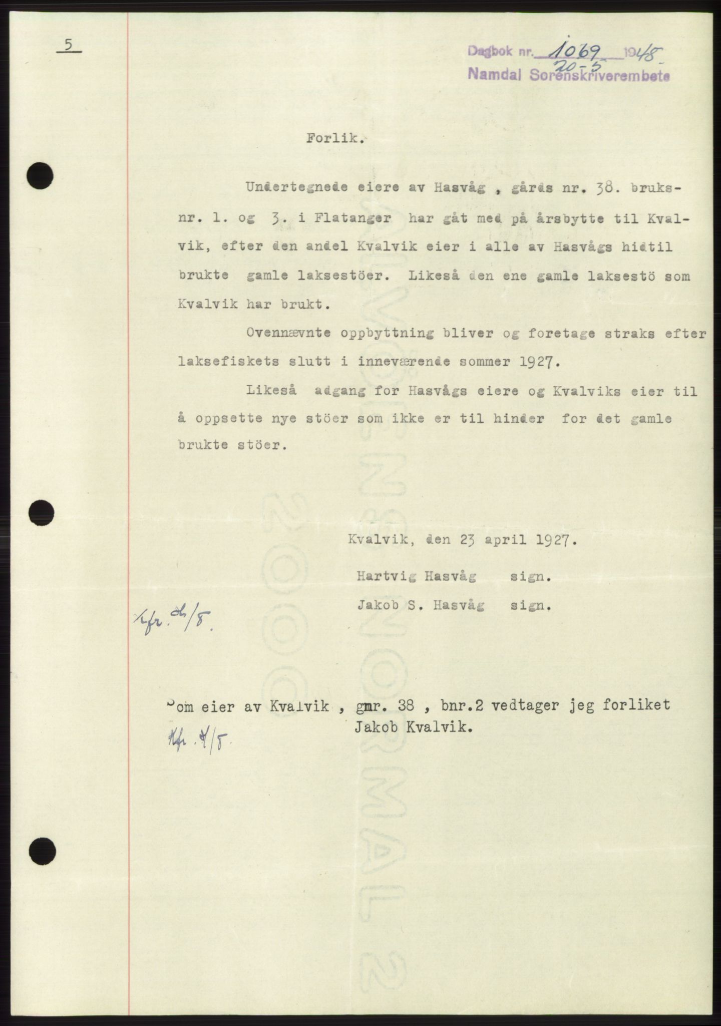 Namdal sorenskriveri, SAT/A-4133/1/2/2C: Pantebok nr. -, 1947-1948, Dagboknr: 1069/1948