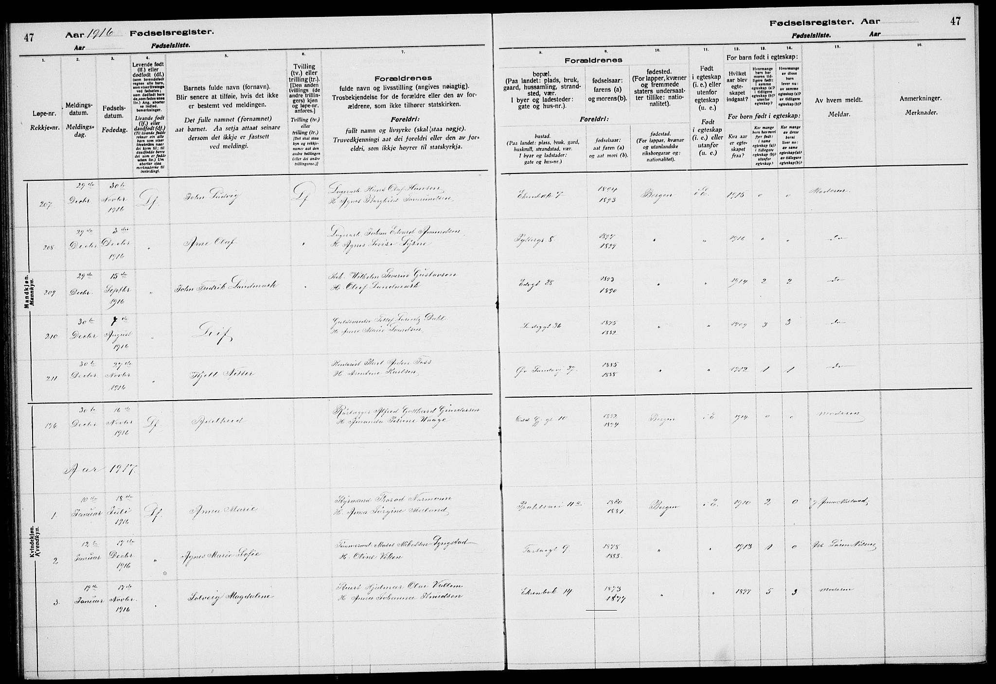 Sandviken Sokneprestembete, SAB/A-77601/I/Ib/L00A1: Fødselsregister nr. A 1, 1915-1920, s. 47