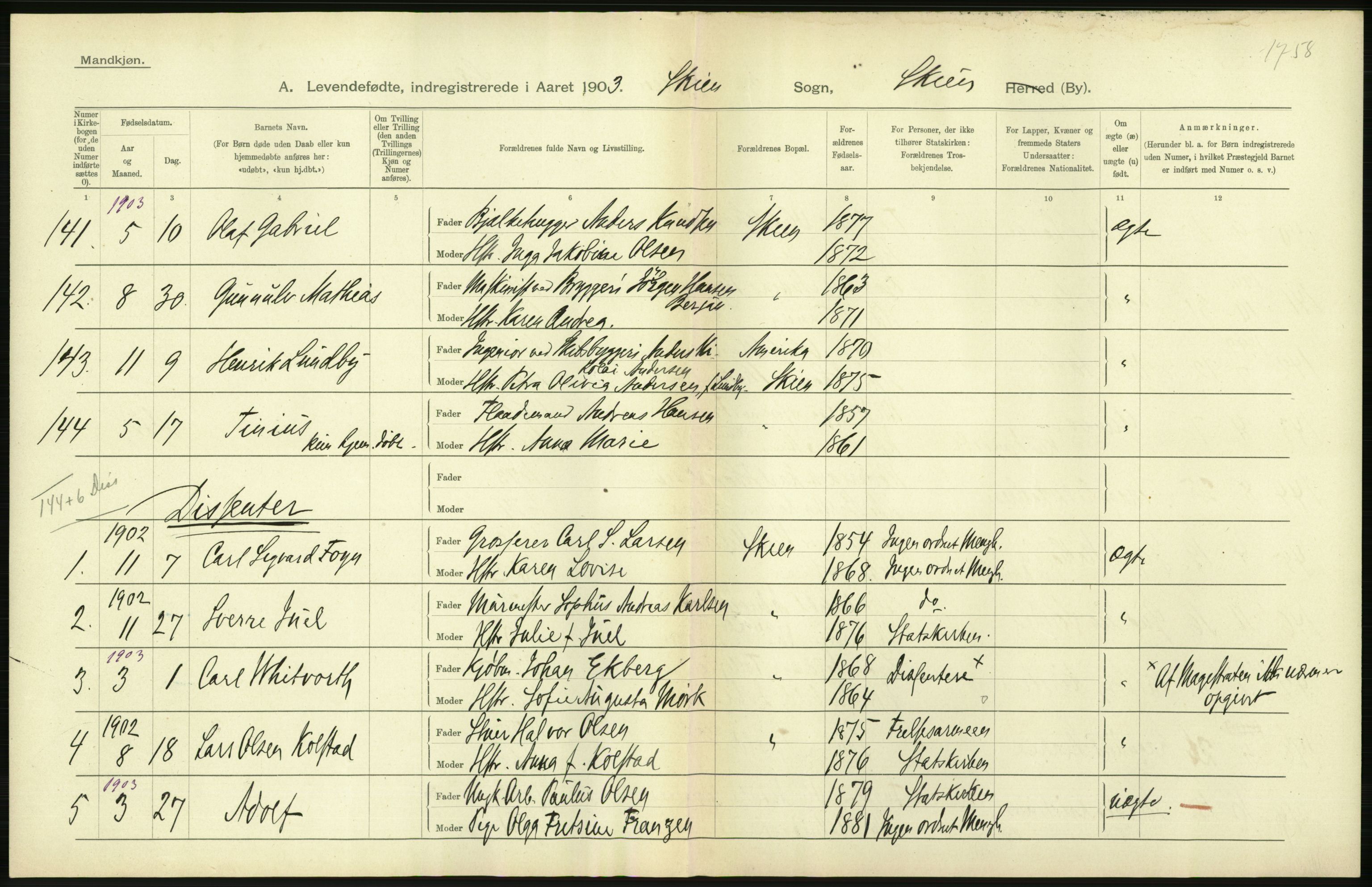 Statistisk sentralbyrå, Sosiodemografiske emner, Befolkning, AV/RA-S-2228/D/Df/Dfa/Dfaa/L0009: Bratsberg amt: Fødte, gifte, døde, 1903, s. 284