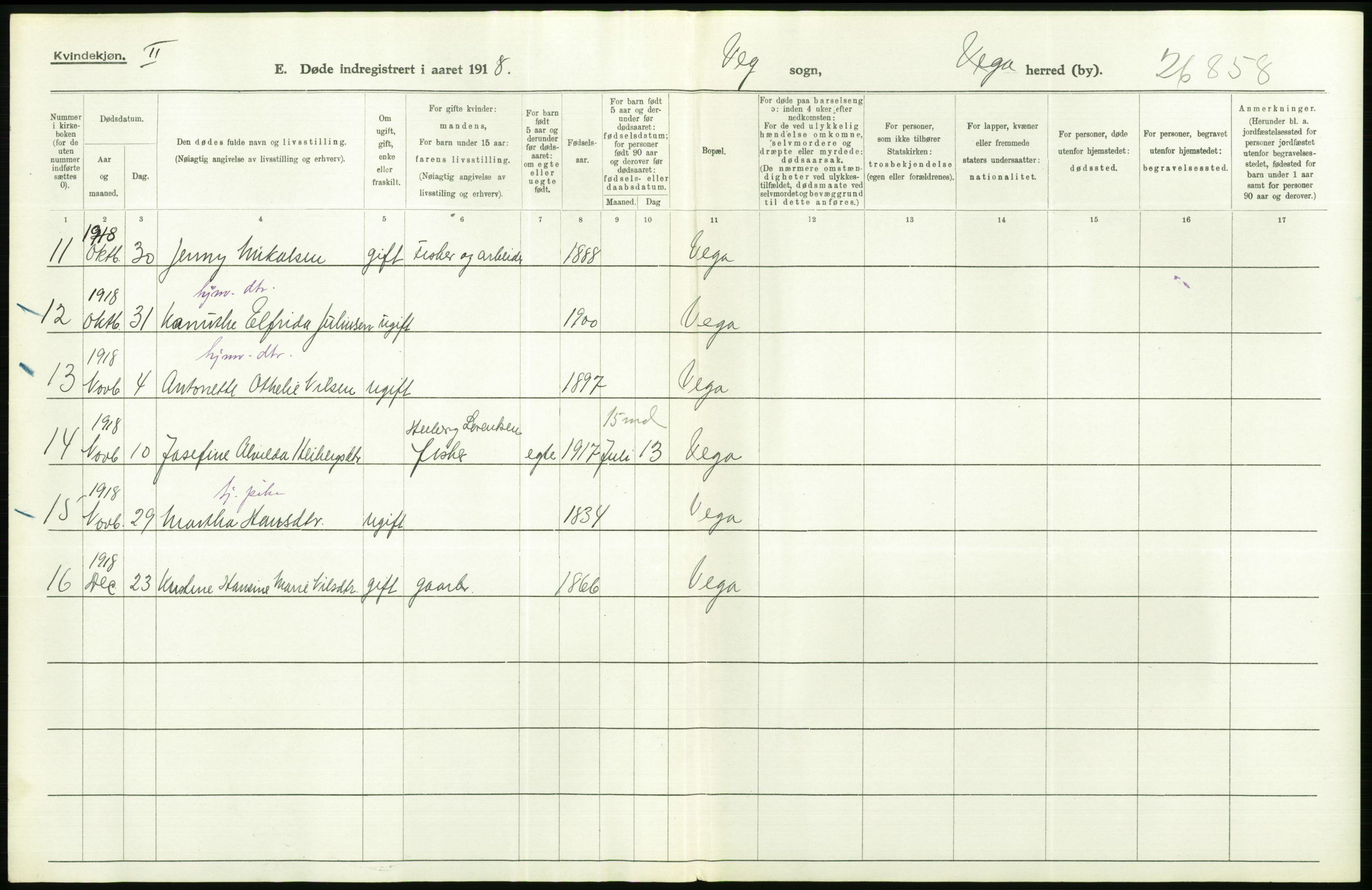 Statistisk sentralbyrå, Sosiodemografiske emner, Befolkning, AV/RA-S-2228/D/Df/Dfb/Dfbh/L0055: Nordland fylke: Døde. Bygder og byer., 1918, s. 196
